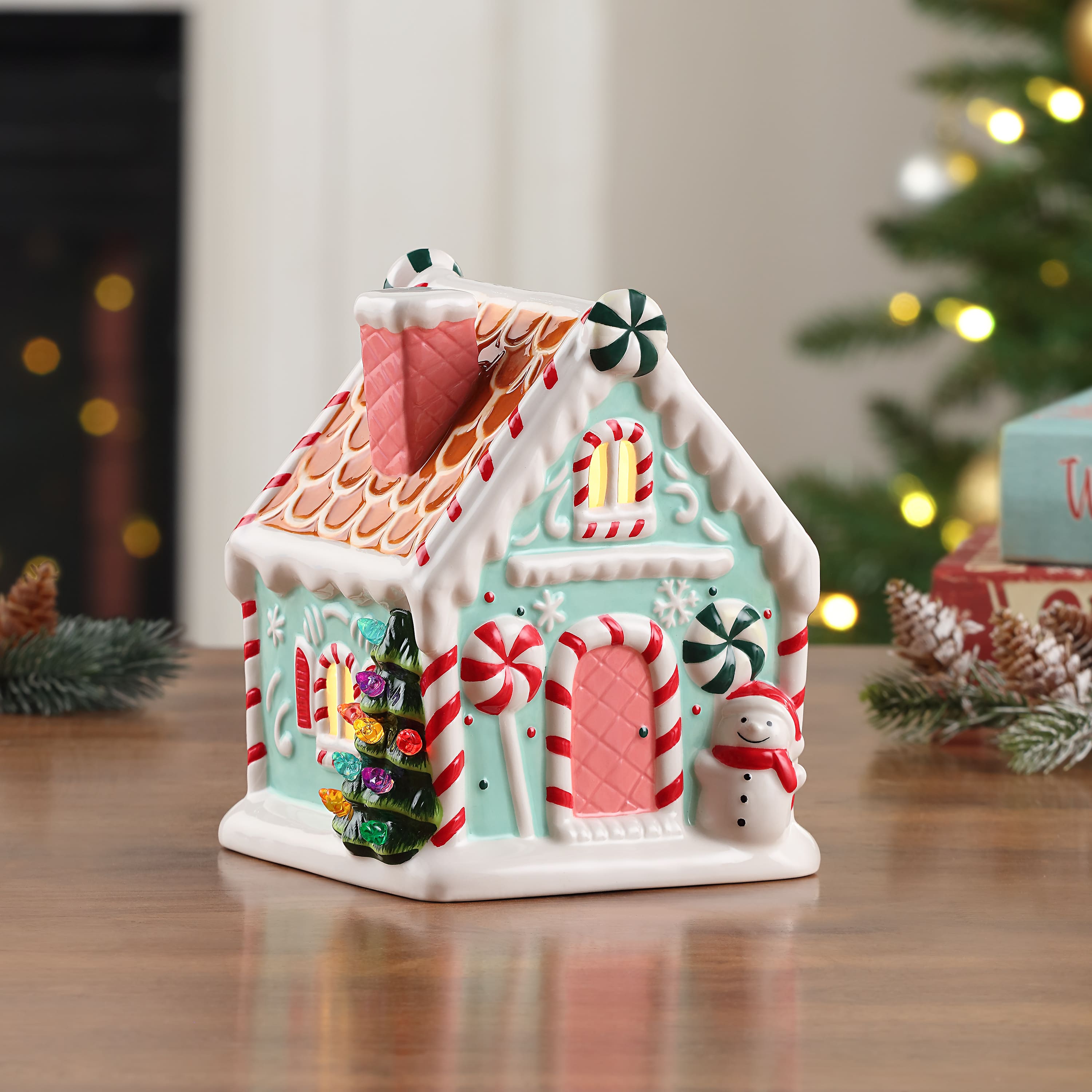 7" Teal Nostalgic Ceramic Lit Gingerbread House