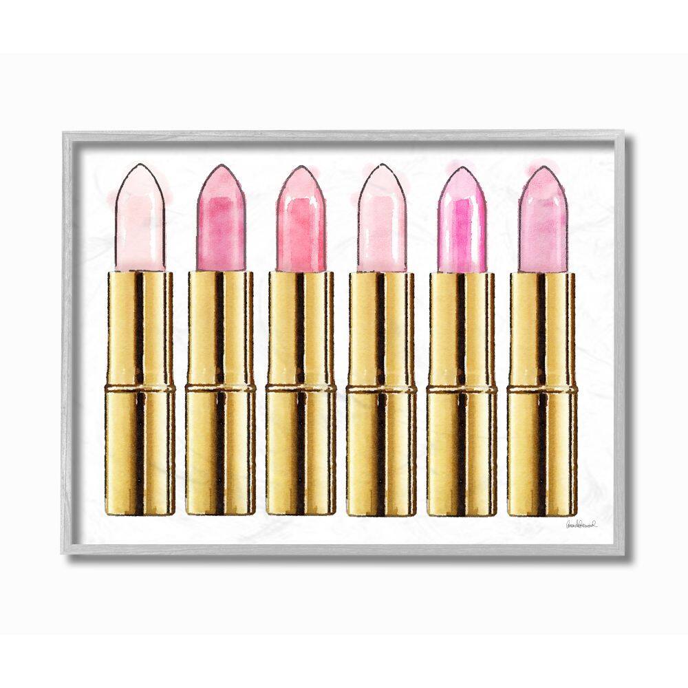 Stupell Industries Pink Gold Lipstick Glam Fashion Watercolor in Gray Frame Wall Art