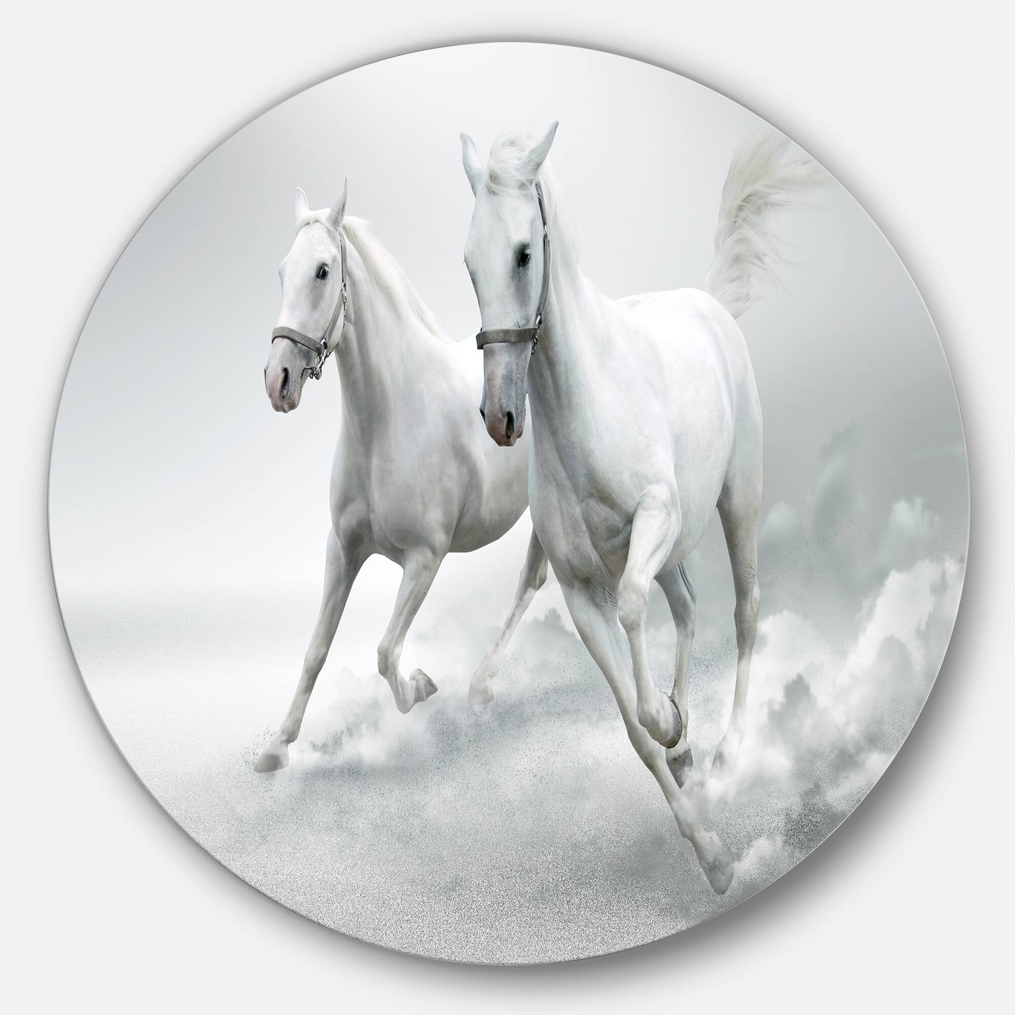 Designart - Running White Horses' Ultra Glossy Animal Oversized Metal Circle Wall Art