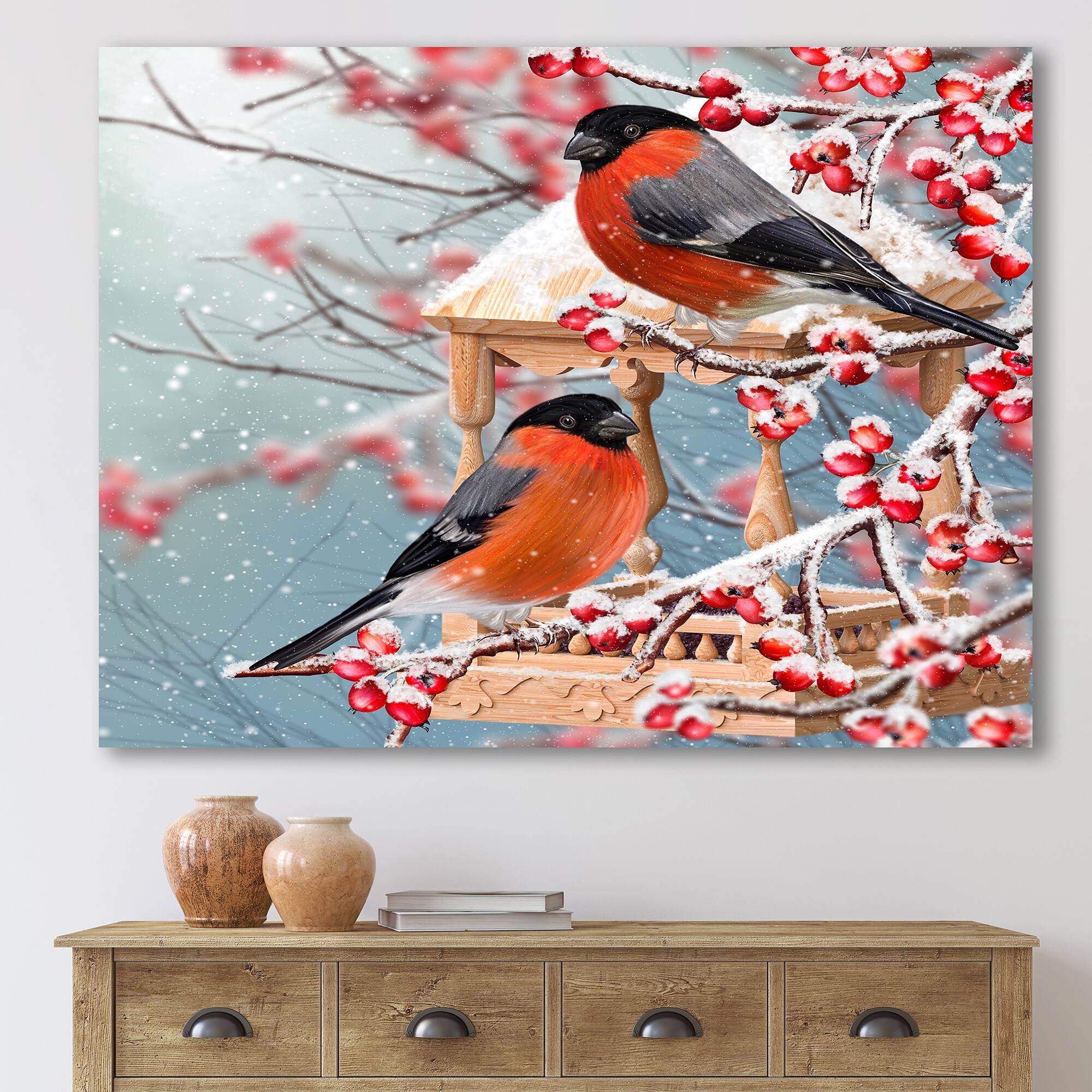 Designart - Two Chickadee Sit On A Snow-Covered Branch - Traditional Canvas Wall Art Print