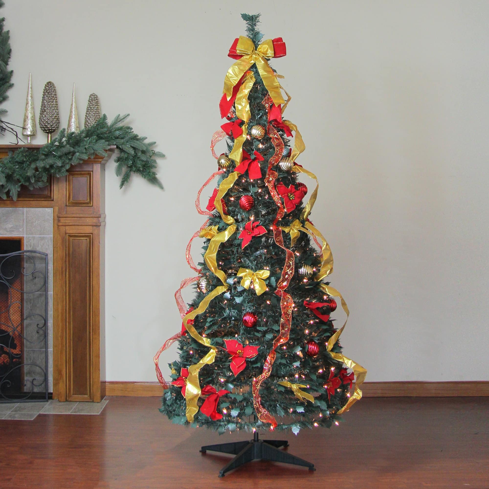 6ft. Pre-Lit Gold & Red Pre-Decorated Pop-Up Artificial Christmas Tree, Clear Lights