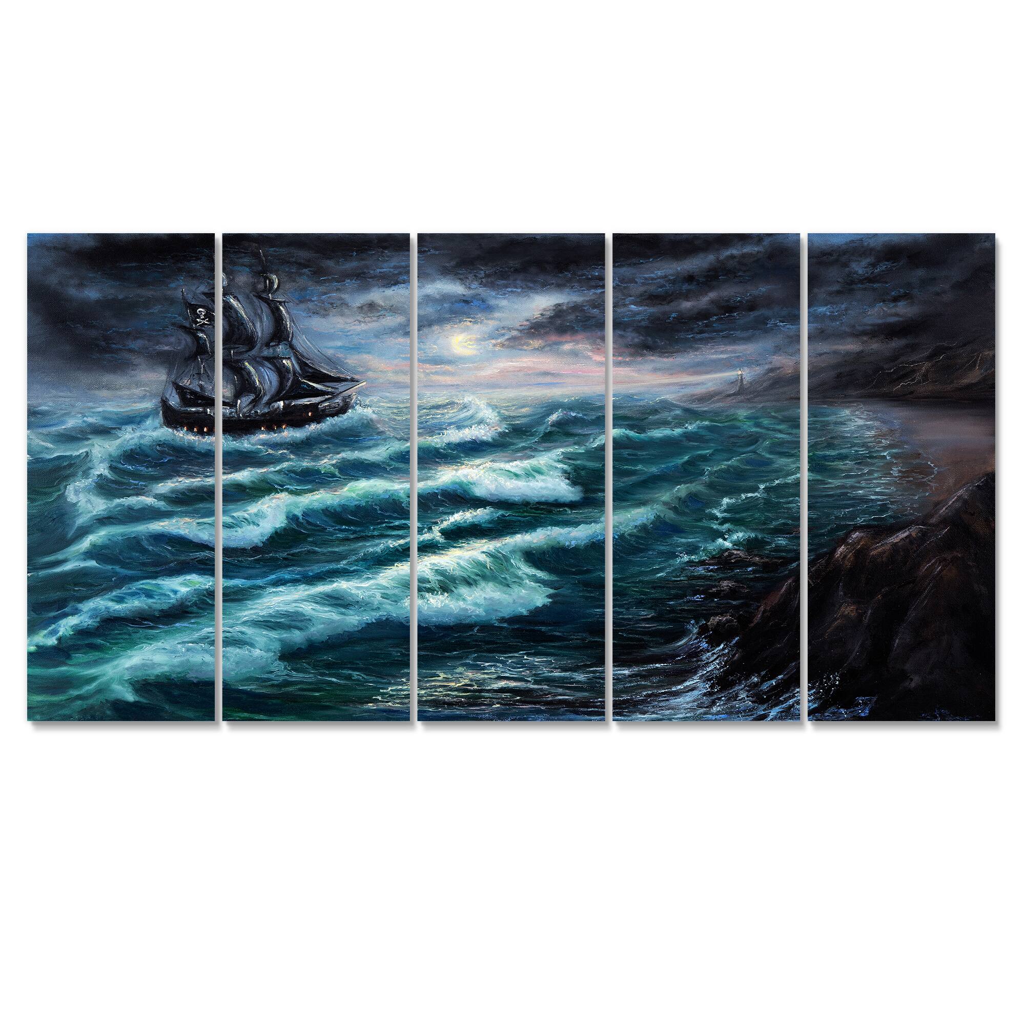 Designart - Pirate Ship Under Stormy Cloud - Sea & Shore Painting Print on Wrapped Canvas set