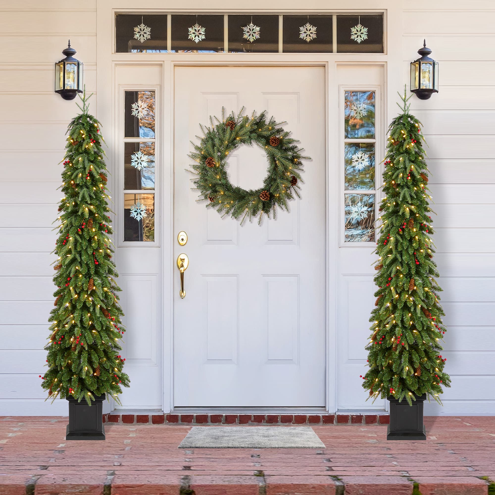 Glitzhome® 7ft Pre-lit Green Artificial Christmas Porch Tree, Warm White Lights