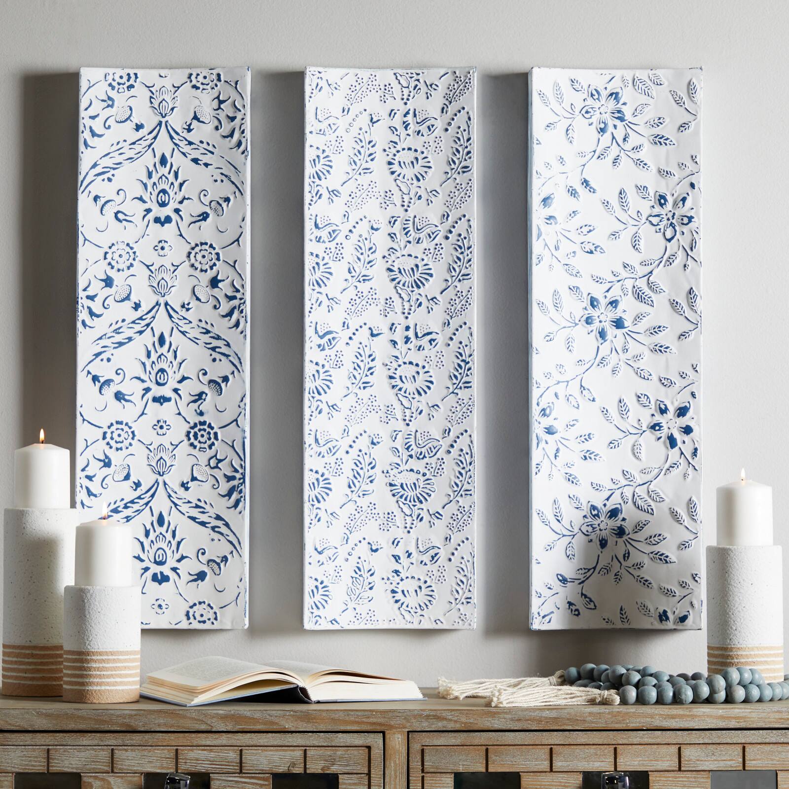 The Novogratz White Metal Floral Wall Decor with Embossed Details Set of 3 10", 31"