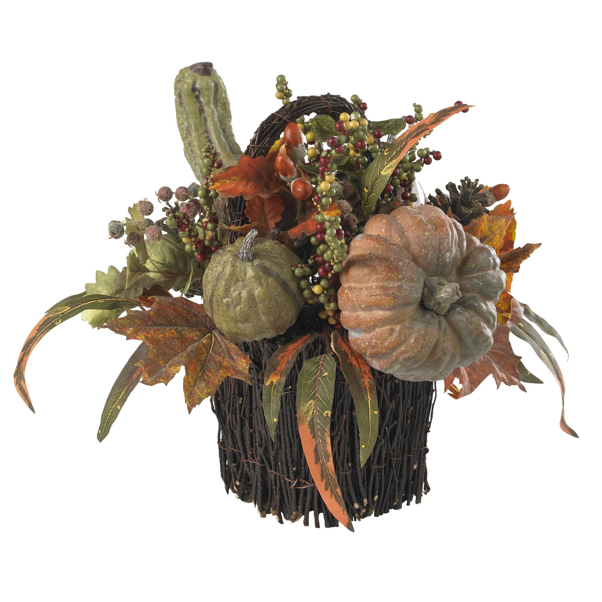 15&#x22; Green Fall Pumpkin &#x26; Berry Table Arrangement in Twig Base