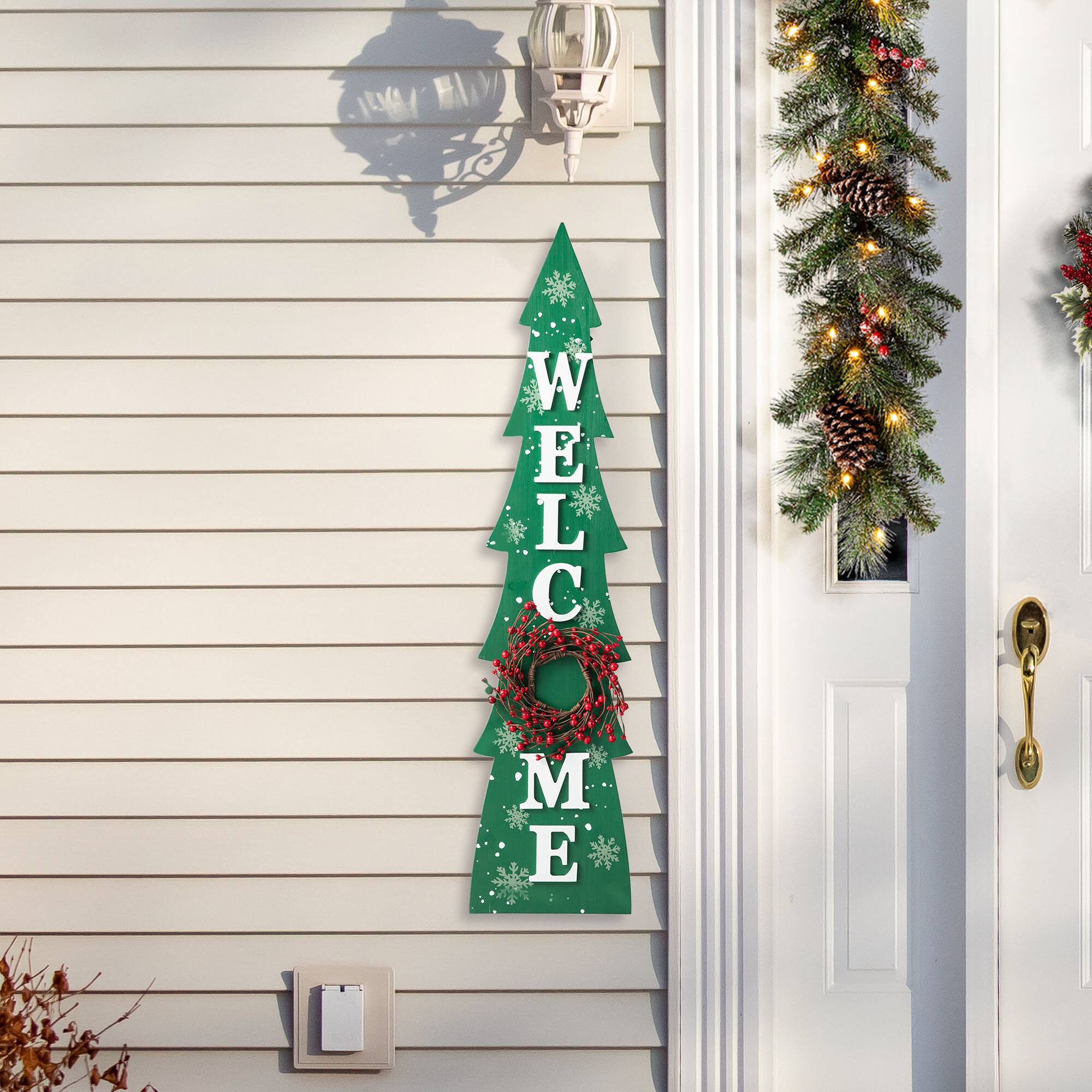 Glitzhome&#xAE; 3.5ft. Wooden Welcome Christmas Tree Porch Sign