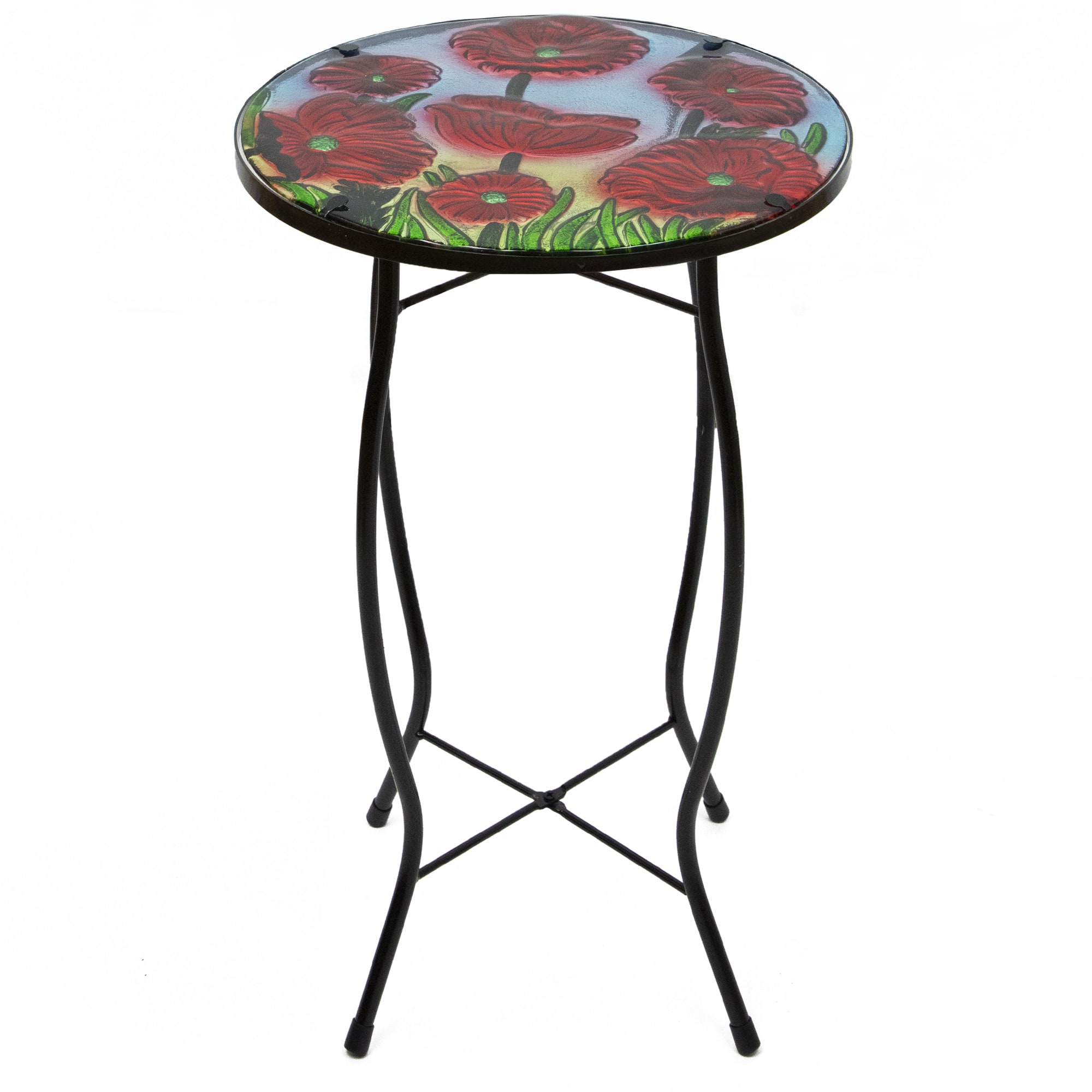 19" Red Floral Poppies Glass Patio Side Table