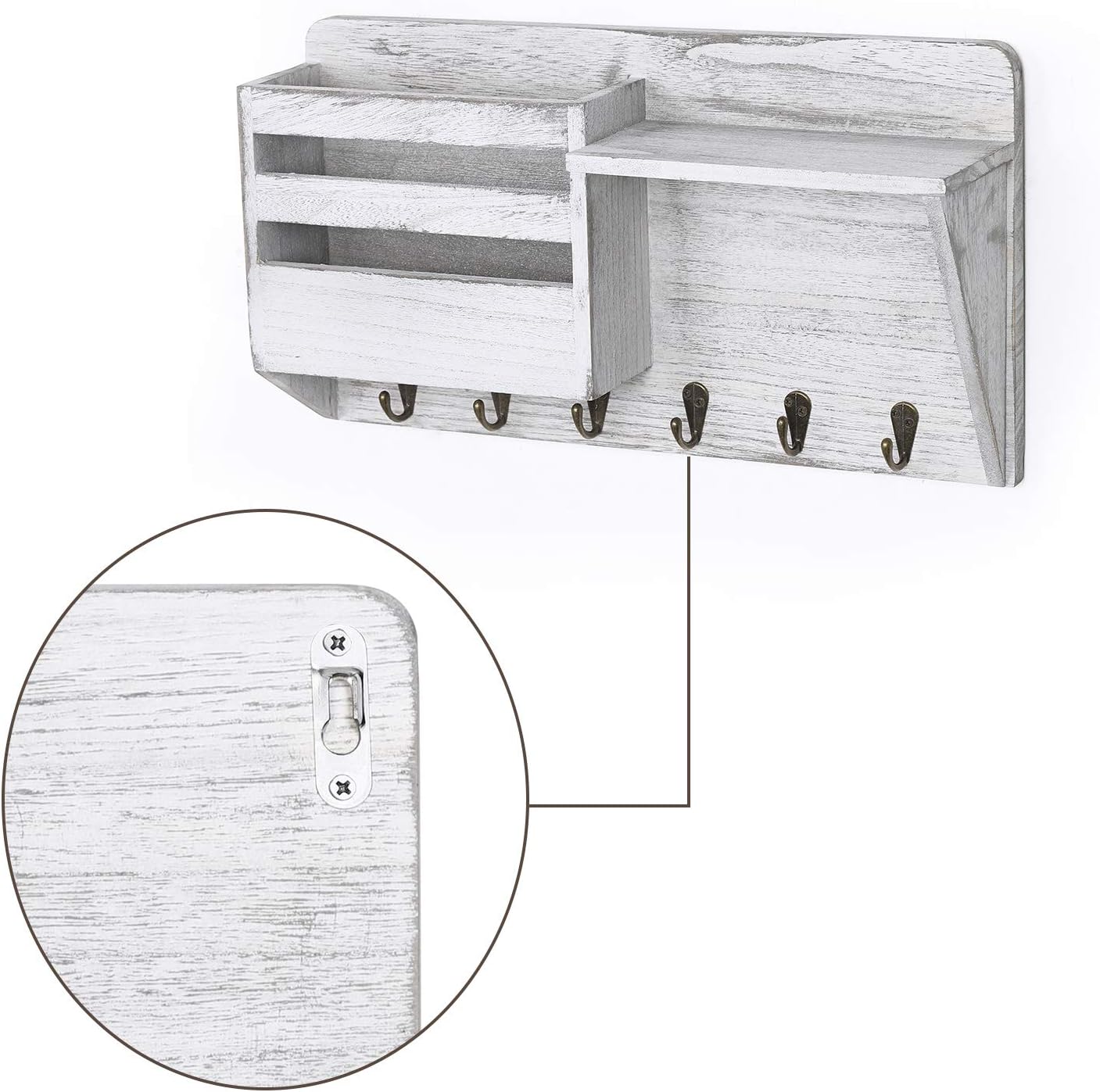 NEX™ Wall-Mounted Rustic Off-White Mail Shelf with 6 Double Key Hooks
