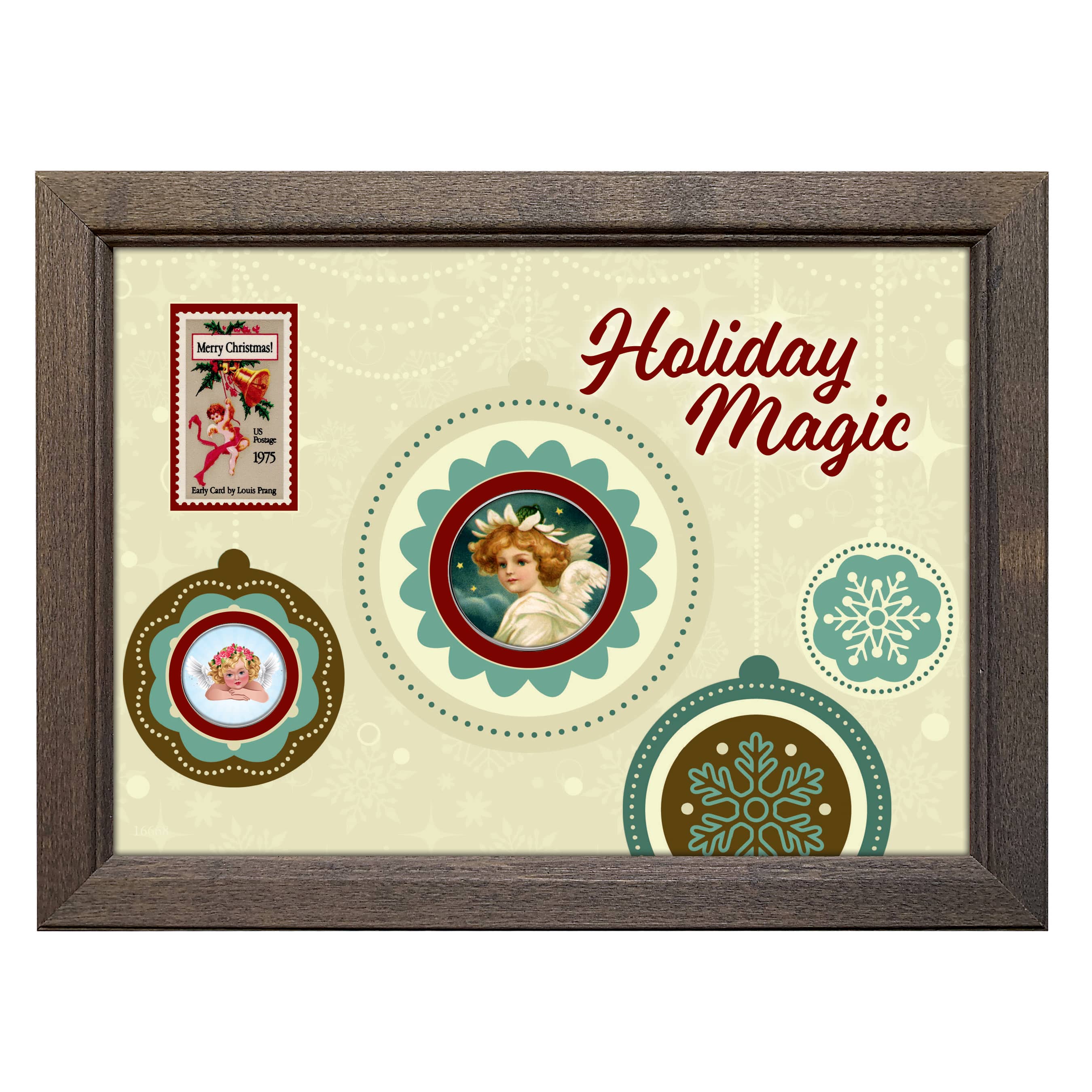 Holiday Magic Colorized Angels Half Dollar and Nickel Coins with Stamp in Wood Frame