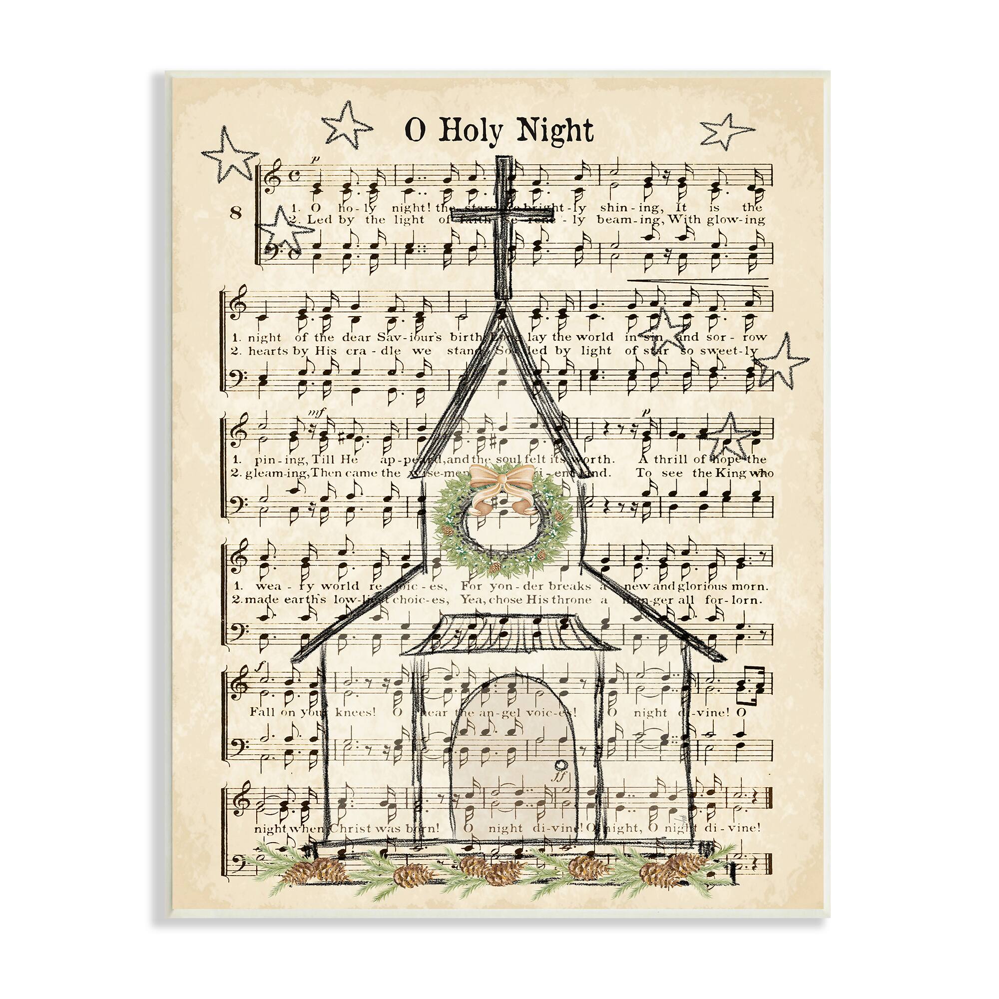 Stupell Industries Festive Winter Church Holy Night Musical Script Wall Plaque