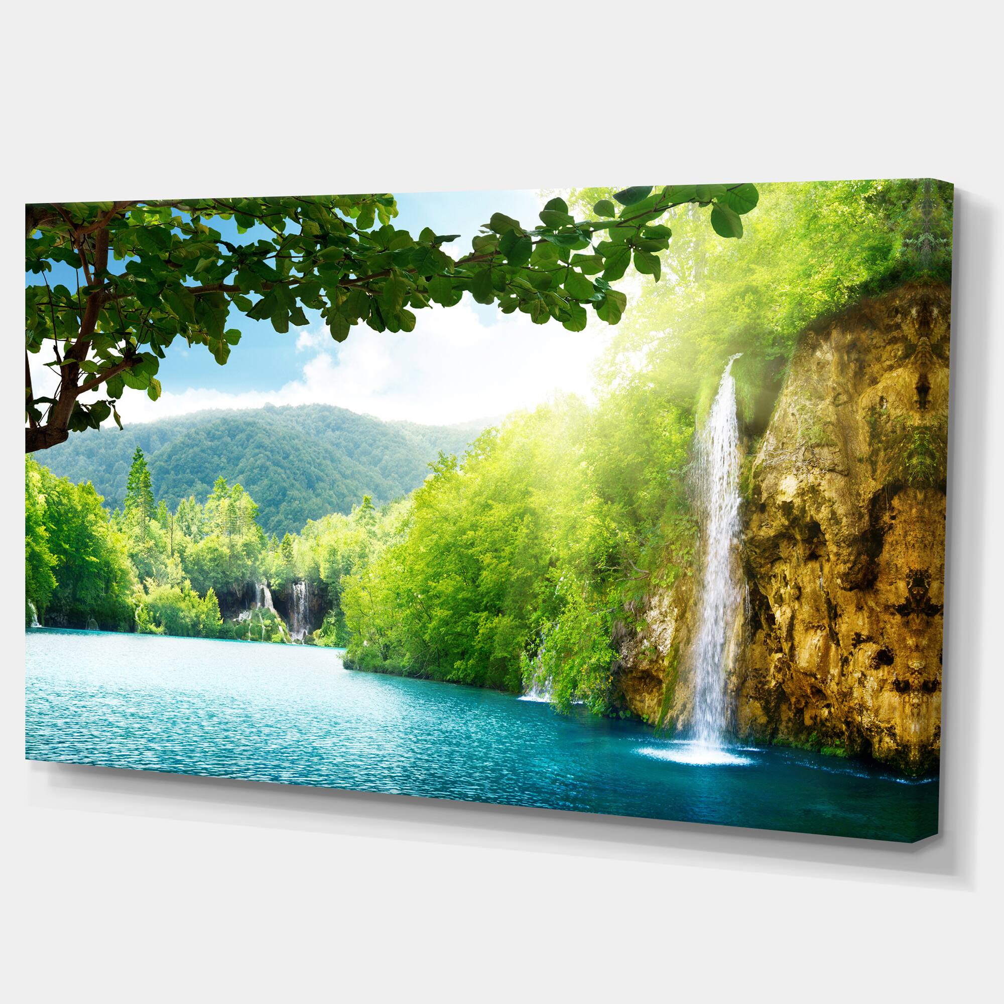 Designart - Waterfall in Deep Forest - Landscape Photography Canvas Art Print