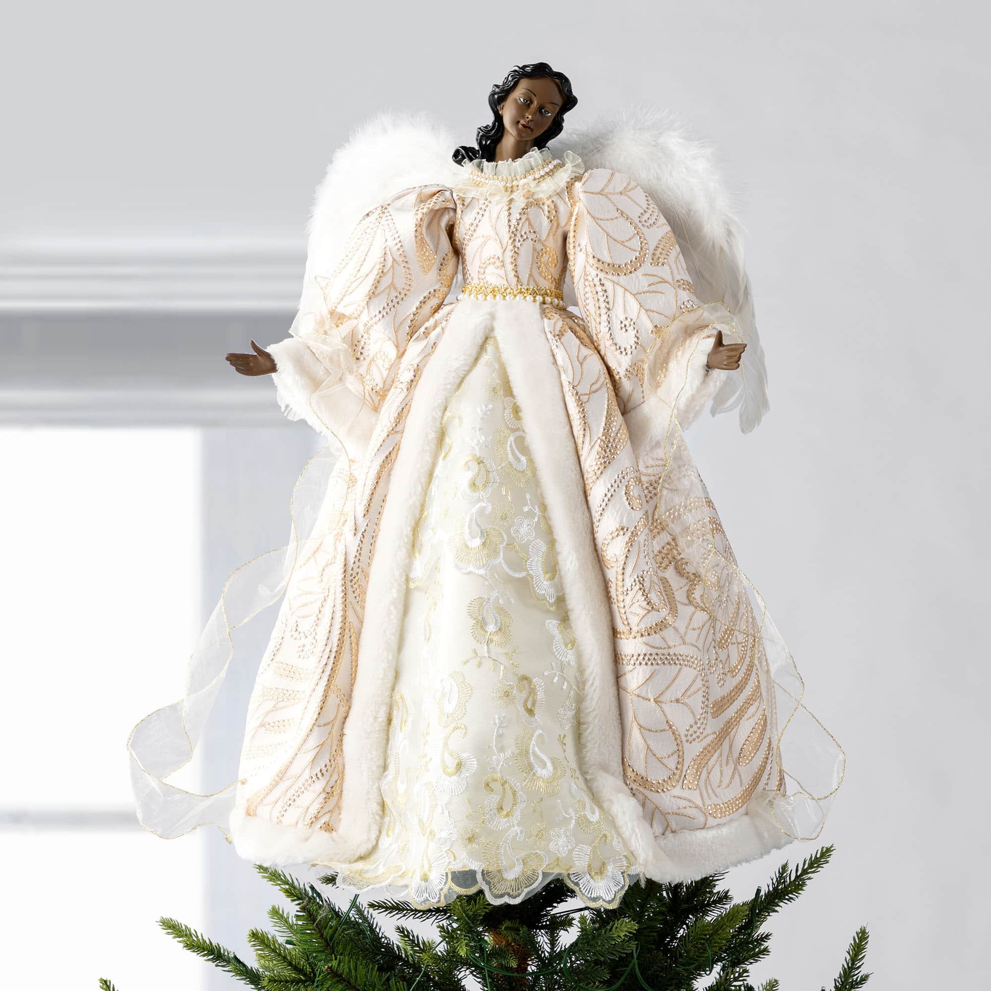 Glitzhome® 24"H Faux Fur & PVC Christmas Elegant African American Angel Tree Topper