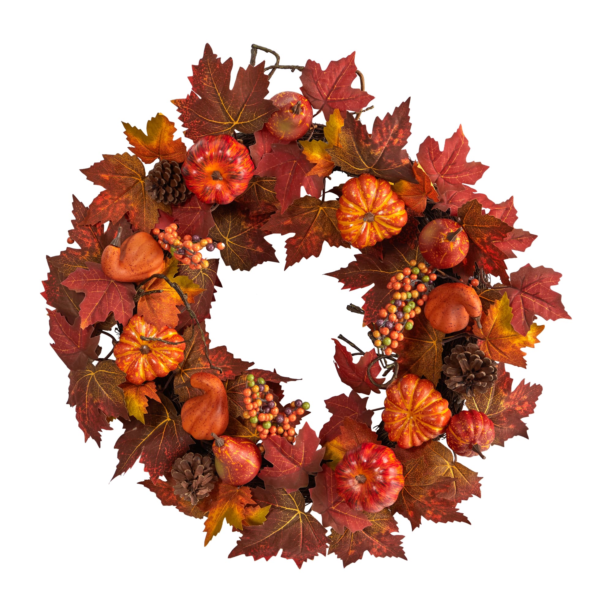 24" Autumn Maple Leaves, Pumpkin, Pinecone & Berries Wreath