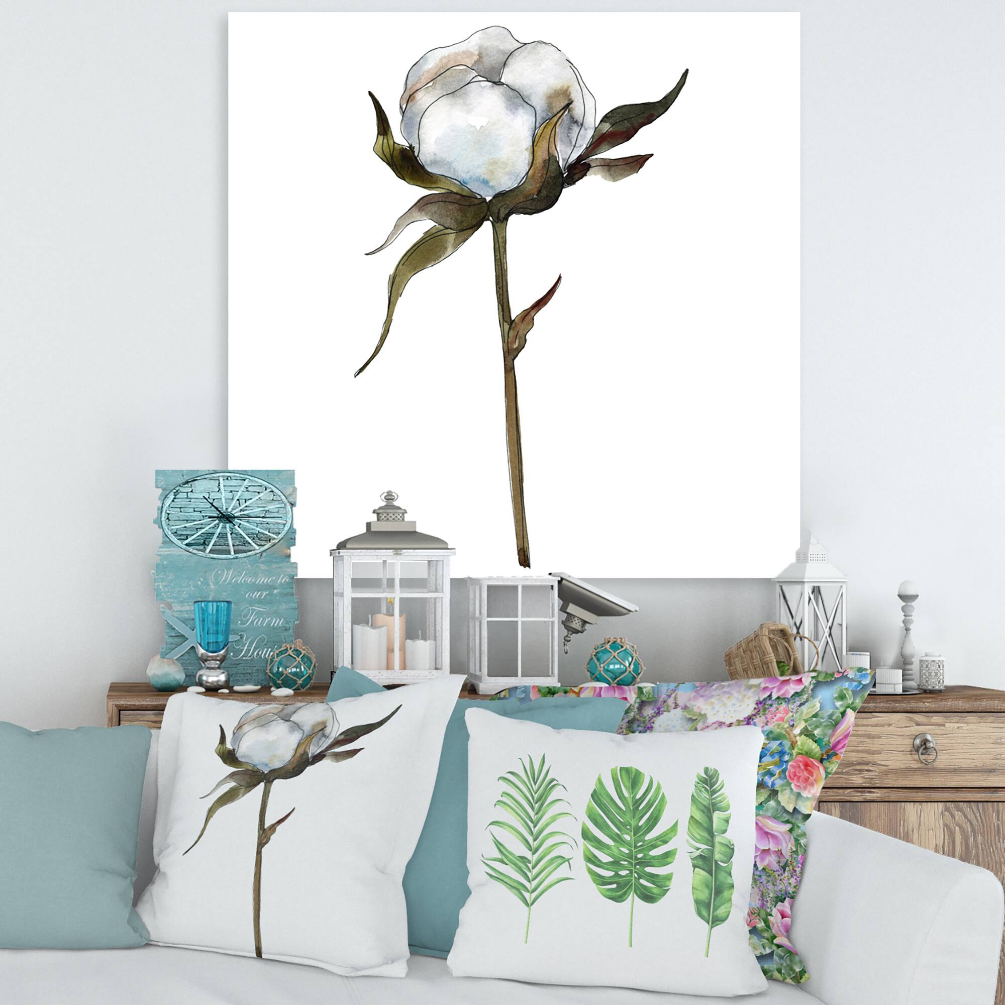 Designart - Retro Cotton Flower - Traditional Canvas Wall Art Print
