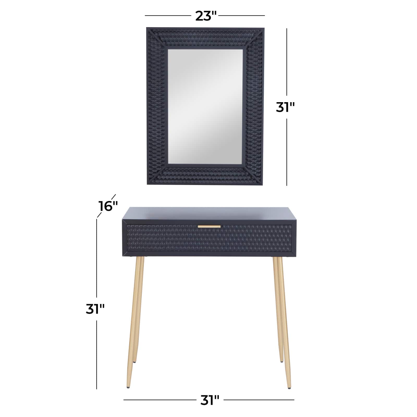 Set of 2" Black Wood Contemporary Console Table with Mirror, 31" x 31" x 16"