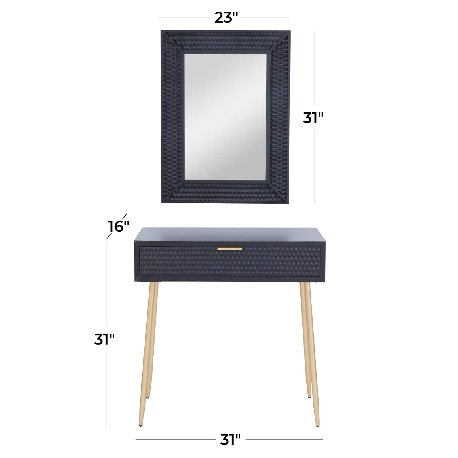 Set of 2&#x22; Black Wood Contemporary Console Table with Mirror, 31&#x22; x 31&#x22; x 16&#x22;