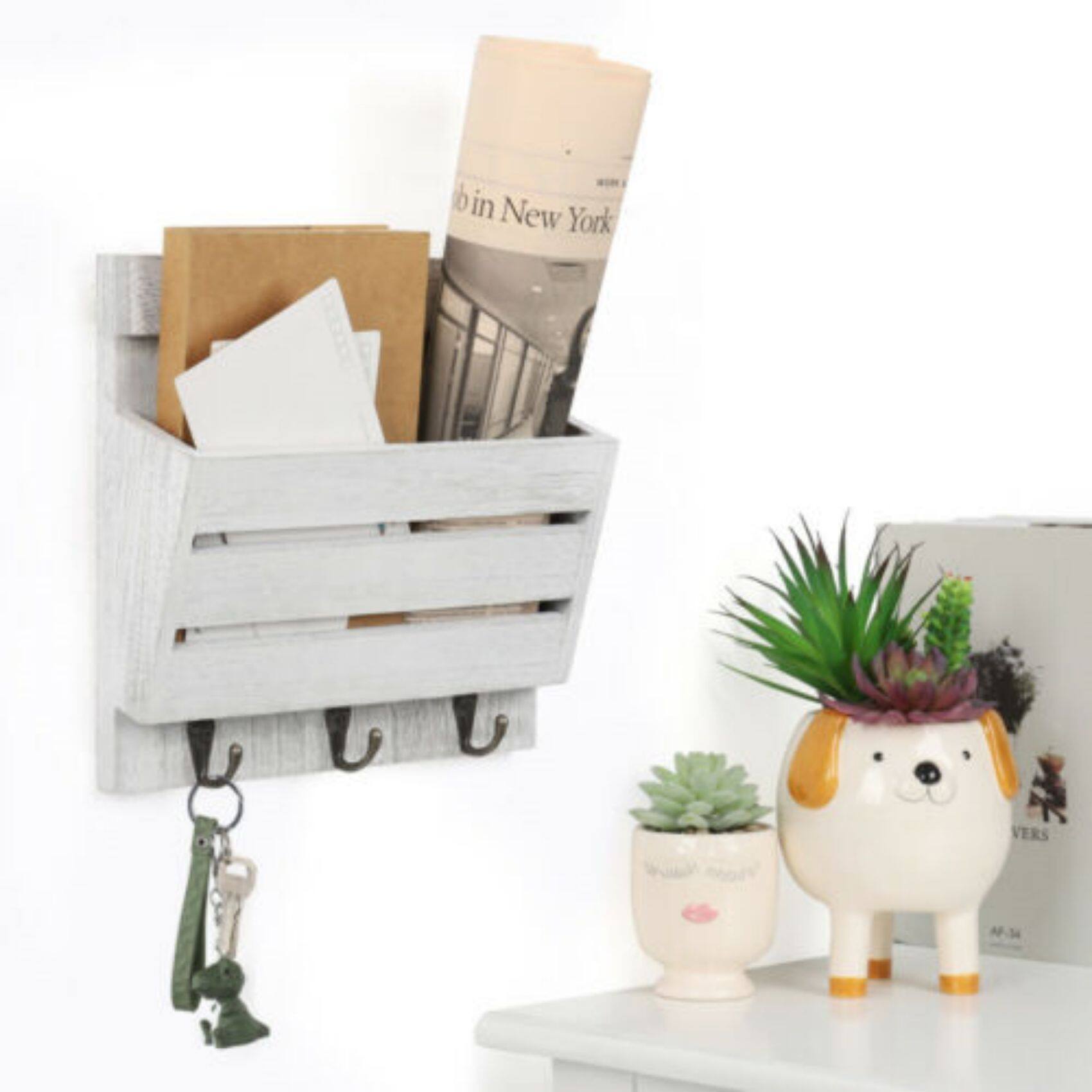 NEX&#x2122; 10&#x22; Rustic White Gray Wood Wall-Mounted Mail &#x26; Key Holder Organizer with 3 Key Hooks