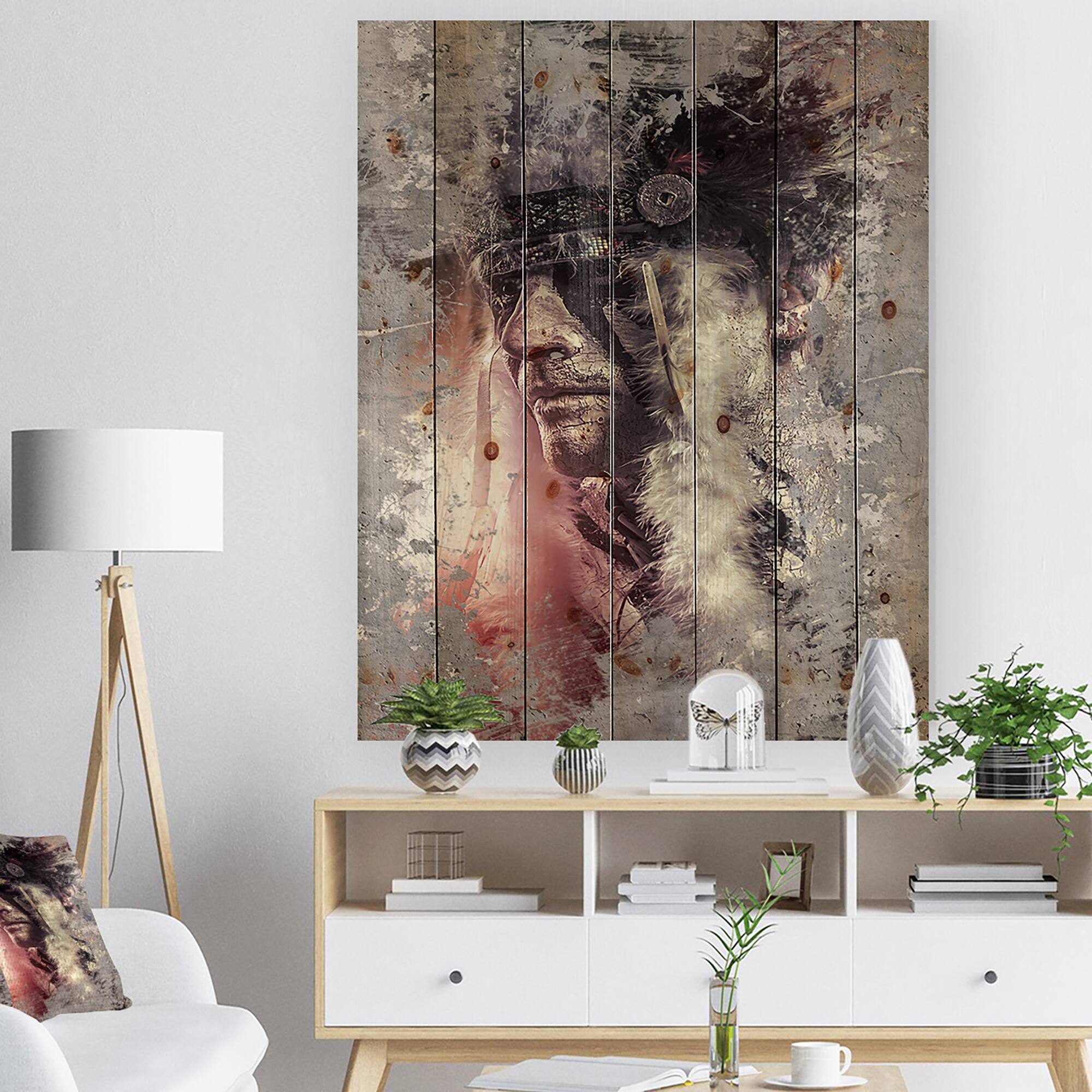 Designart - Native American Indian Warrior - Abstract Portrait Print on Natural Pine Wood