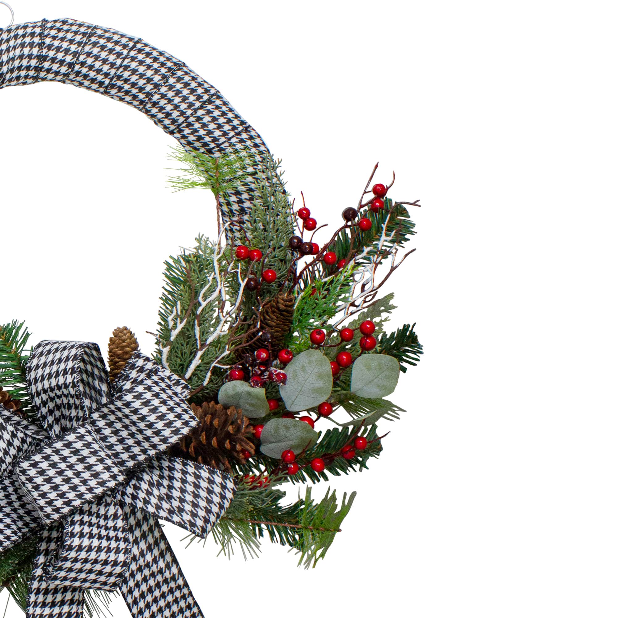 24" Black & White Houndstooth, Pine & Berry Wreath