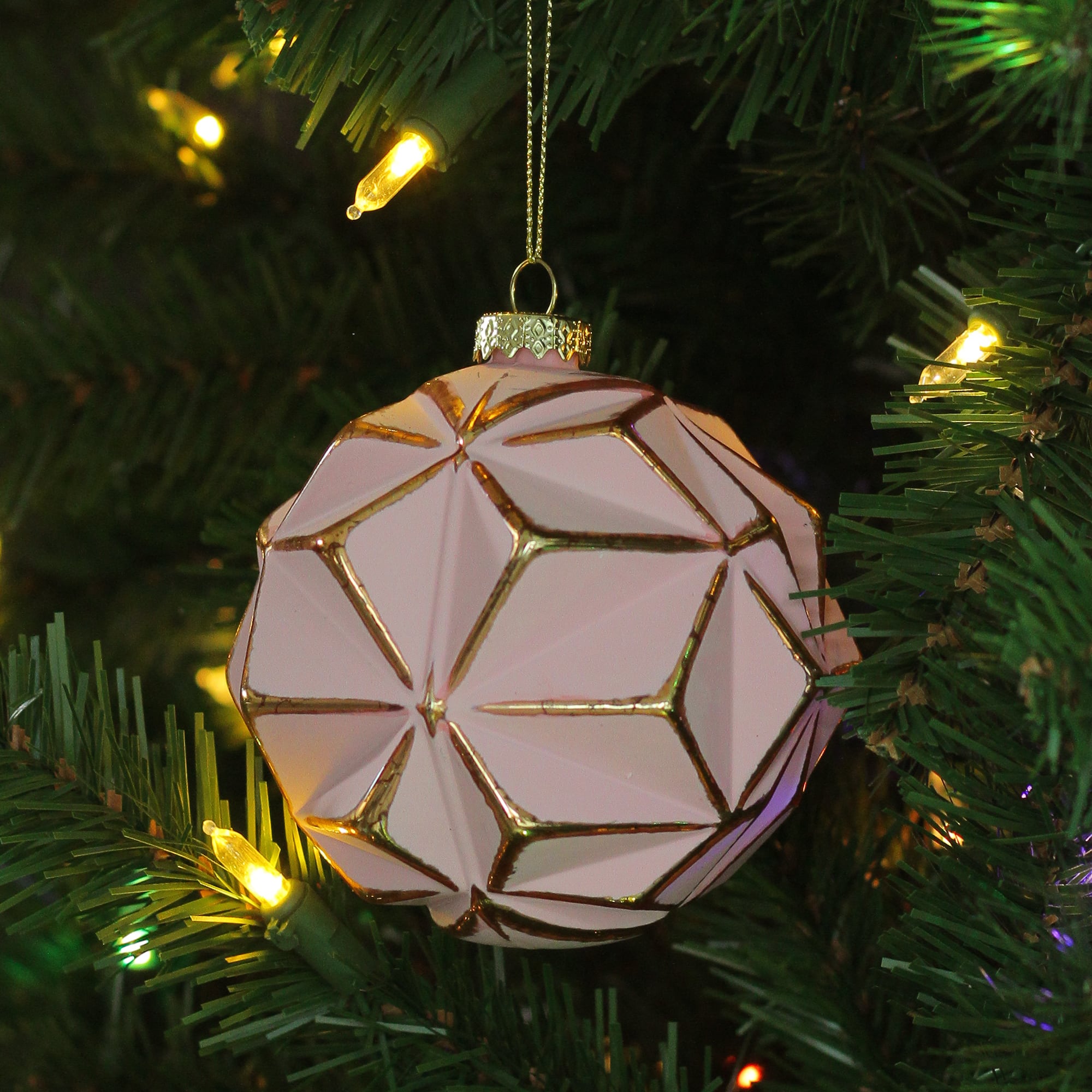 4&#x22; Pink &#x26; Gold Geometric Glass Ball Ornament