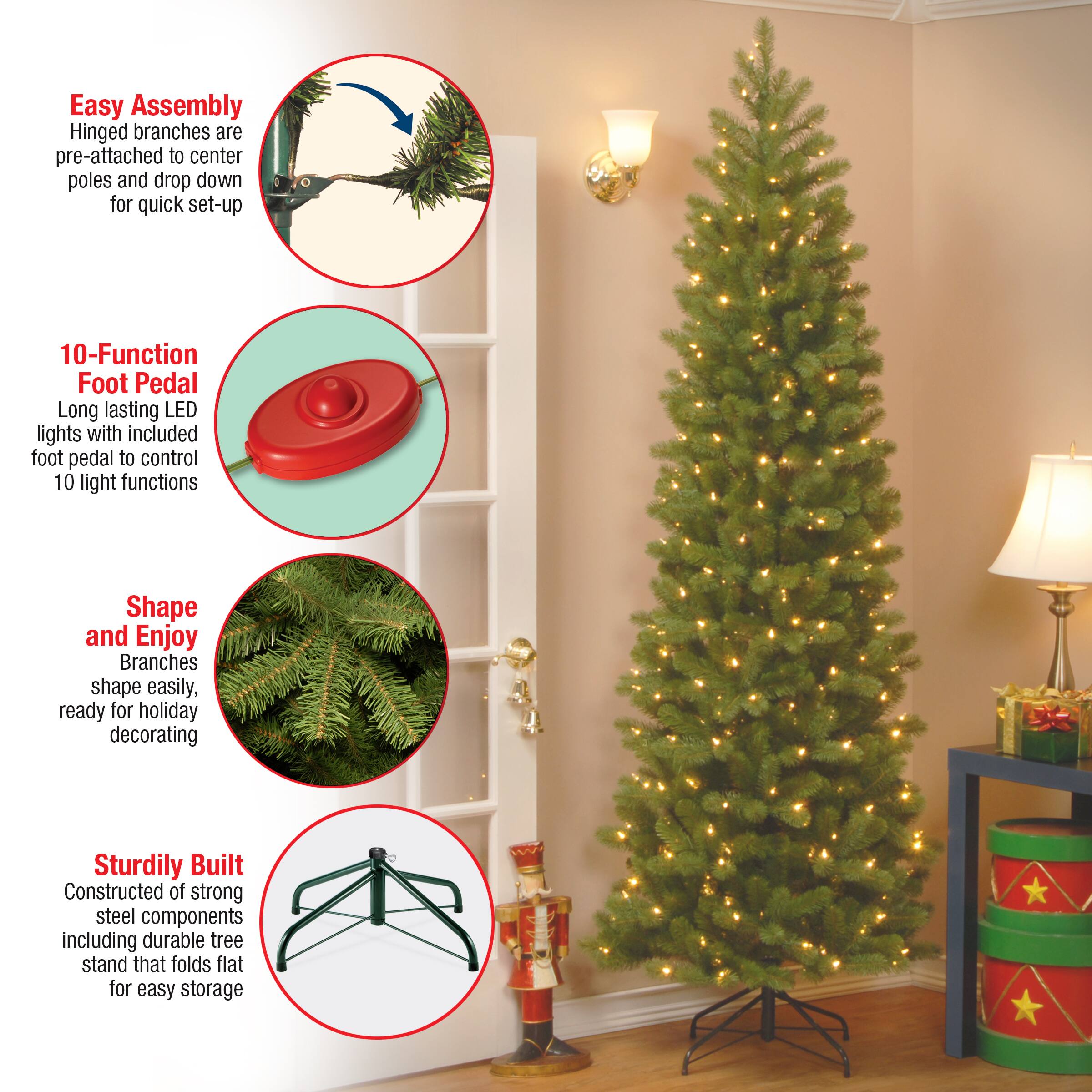 9 ft. Pre-lit Feel Real® Downswept Douglas Fir Pencil Artificial Christmas Tree, Dual Color® LED Lights