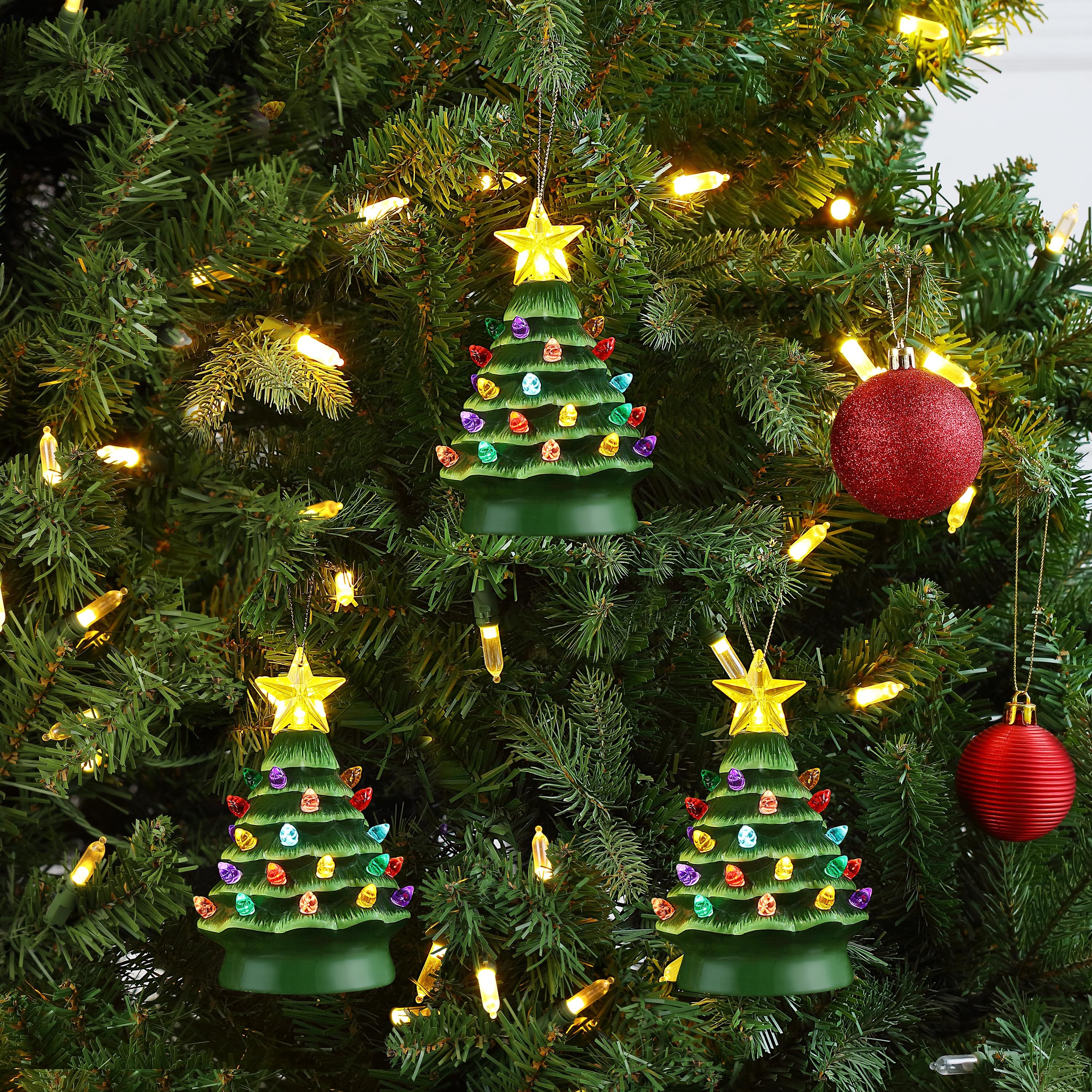 5&#x22; LED Green Nostalgic Trees Figurine Set