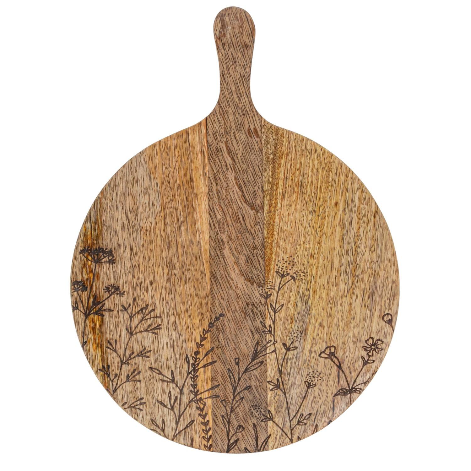 15.75" Natural Laser-Etched Floral Mango Wood Cheese Board