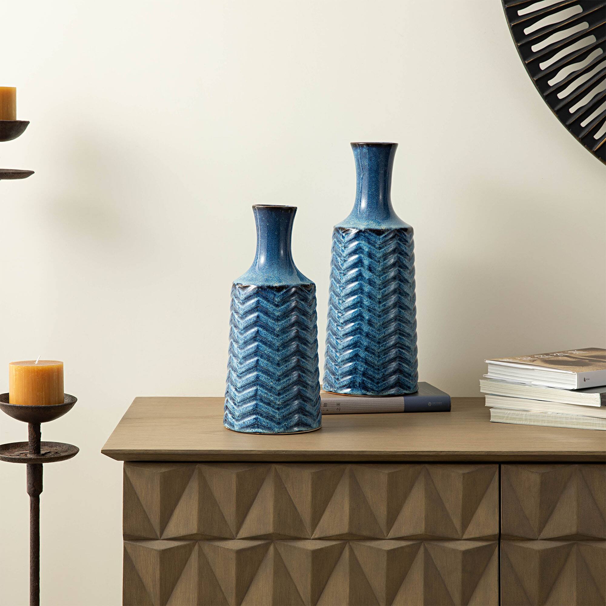 Glitzhome® Brilliant Blue Chevron Ceramic Modern Vase Set