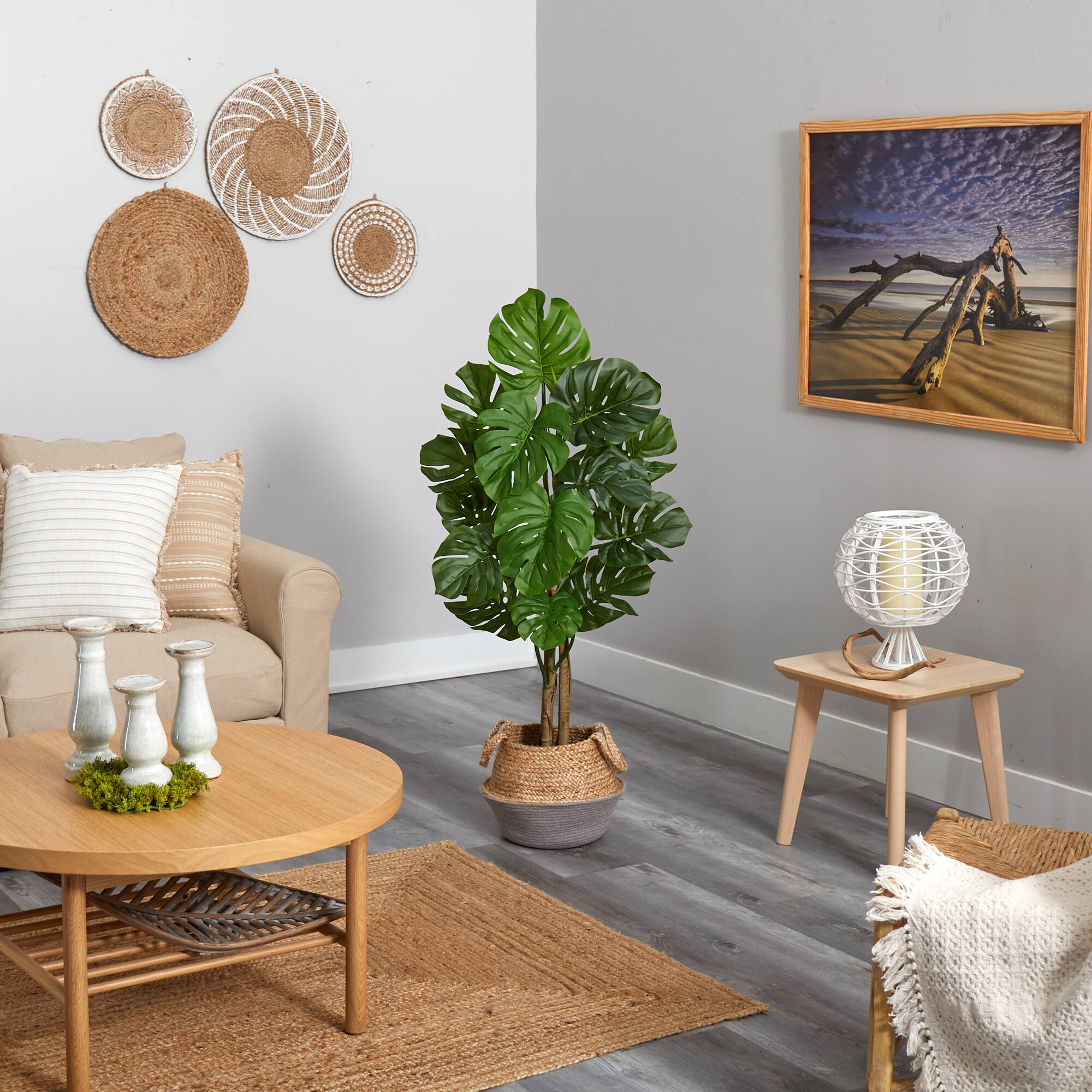 4ft. Monstera Artificial Tree in Boho Chic Handmade Cotton & Jute Gray Woven Planter UV Resistant (Indoor/Outdoor)