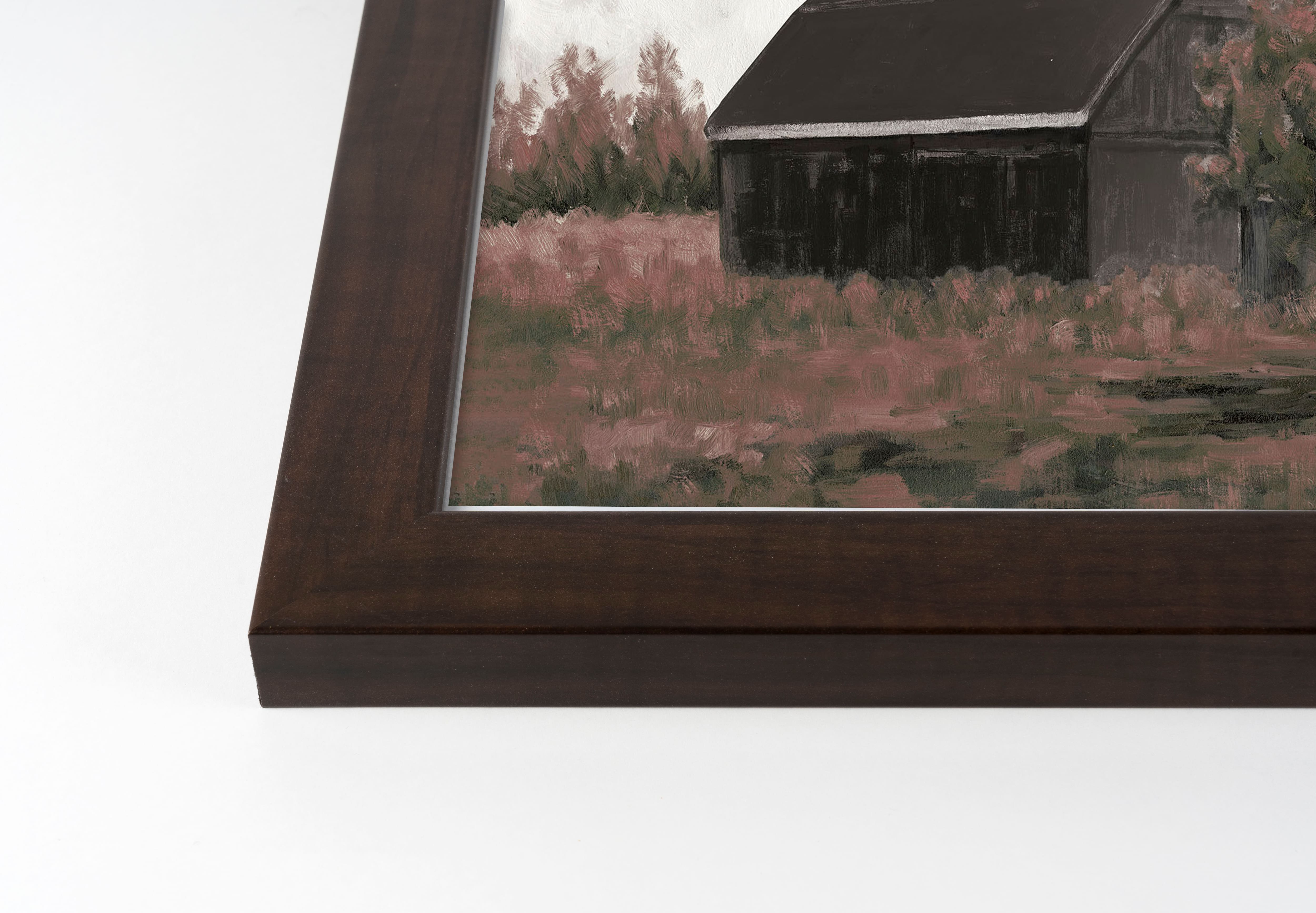 Black Barn Landscape Walnut Framed Print