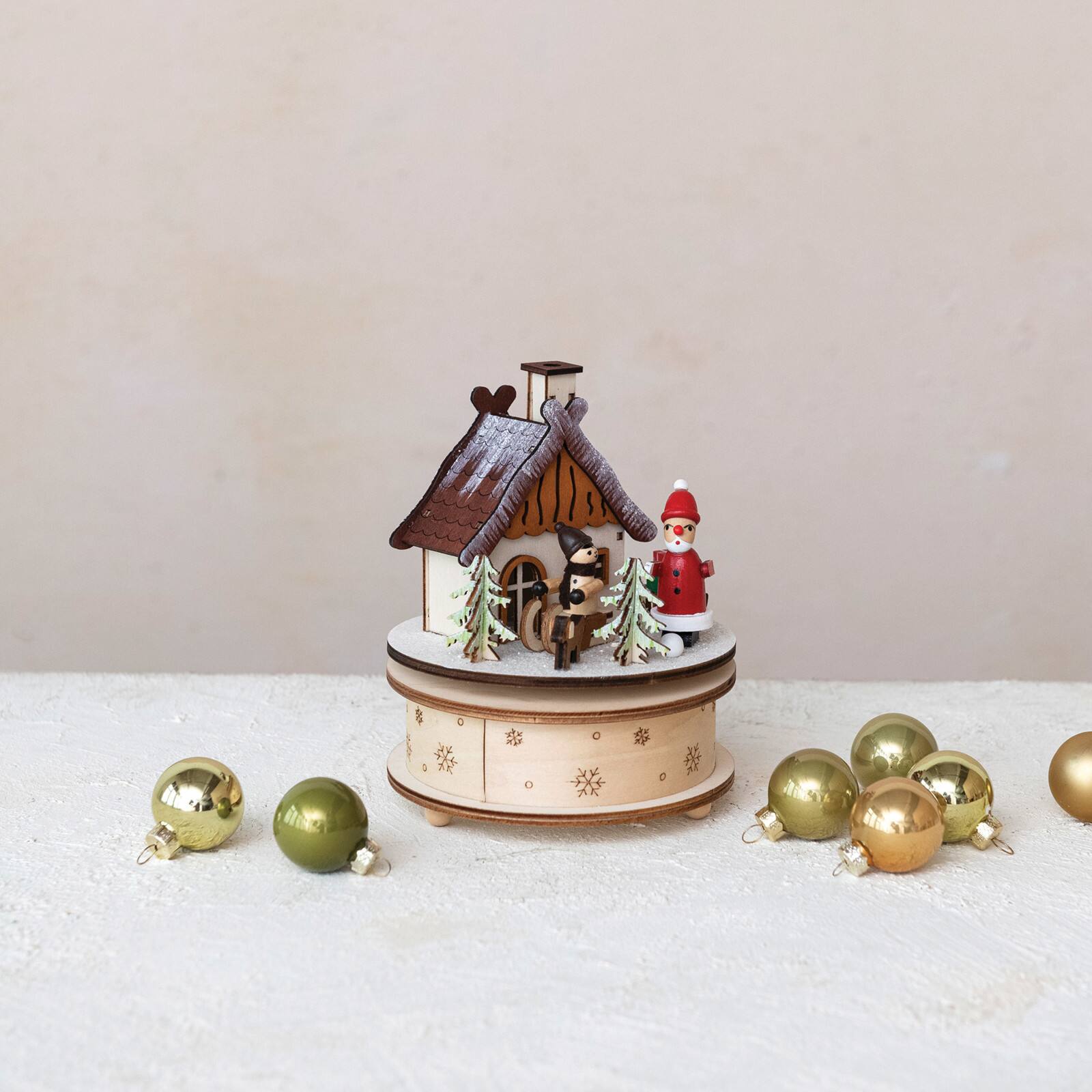 Hello Honey® 6.5" Wind-Up Santa's Cottage Round Wood Music Box