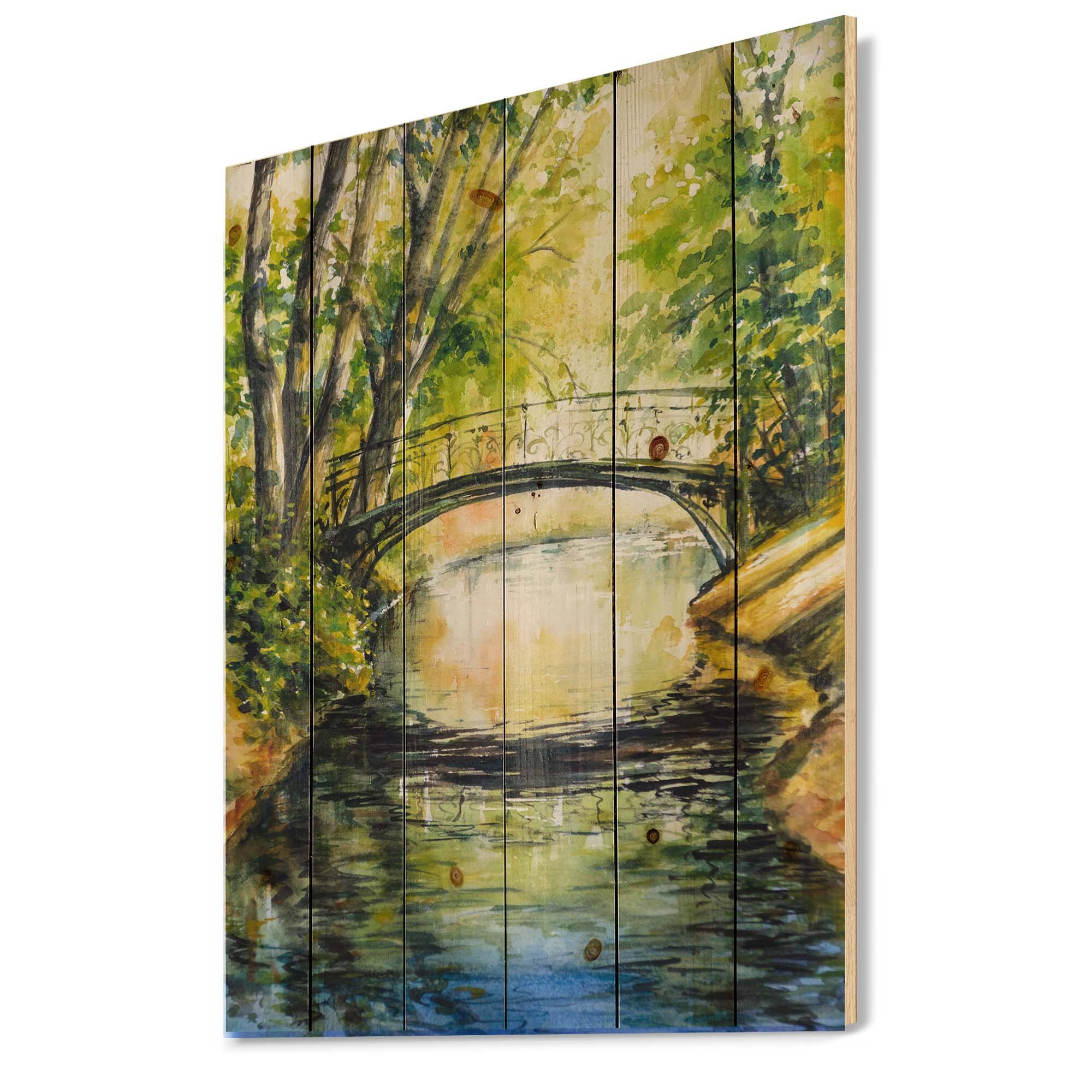 Designart - Bridge Over Troubled Water In Forest Park - Lake House Print on Natural Pine Wood