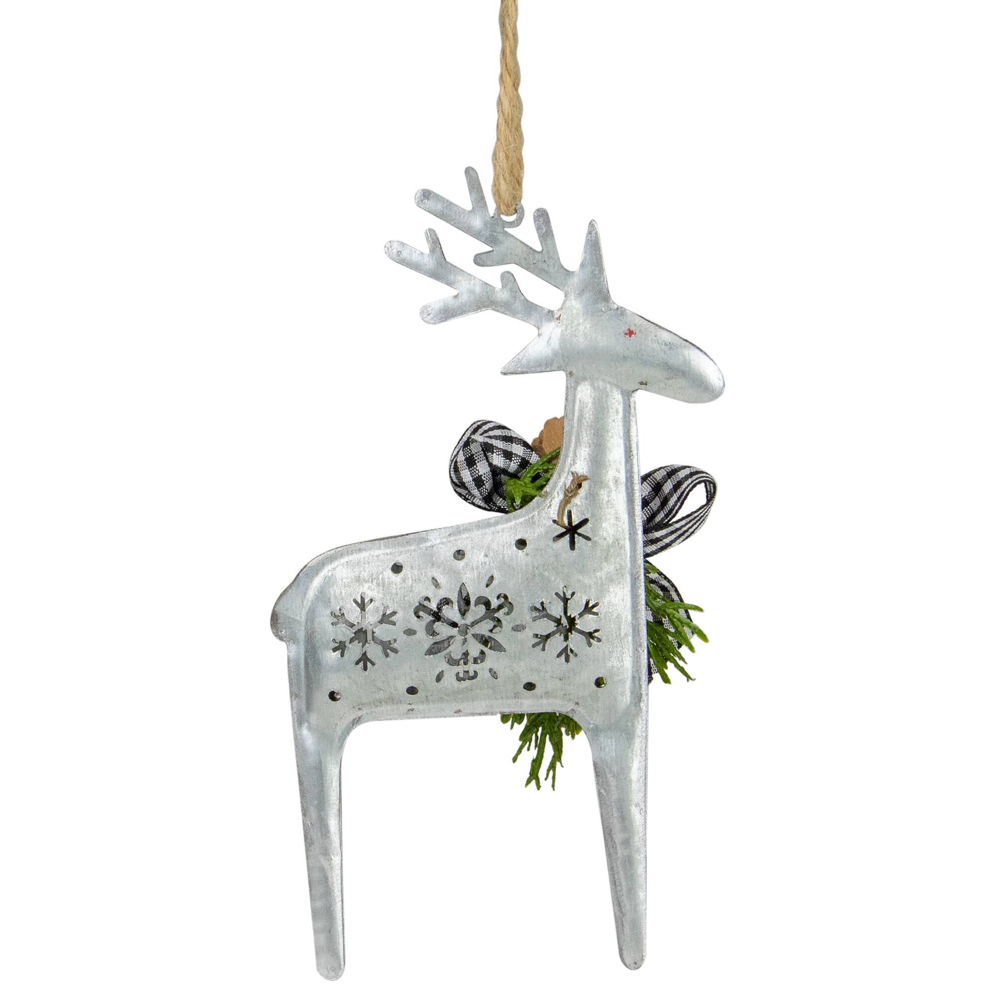 6.25" Silver Metal Reindeer Christmas Ornament with Black Gingham Bowtie & Pine