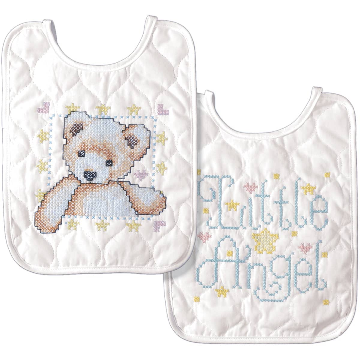 Tobin Bear & Angel Stamped Cross Stitch Bib Pair Kit