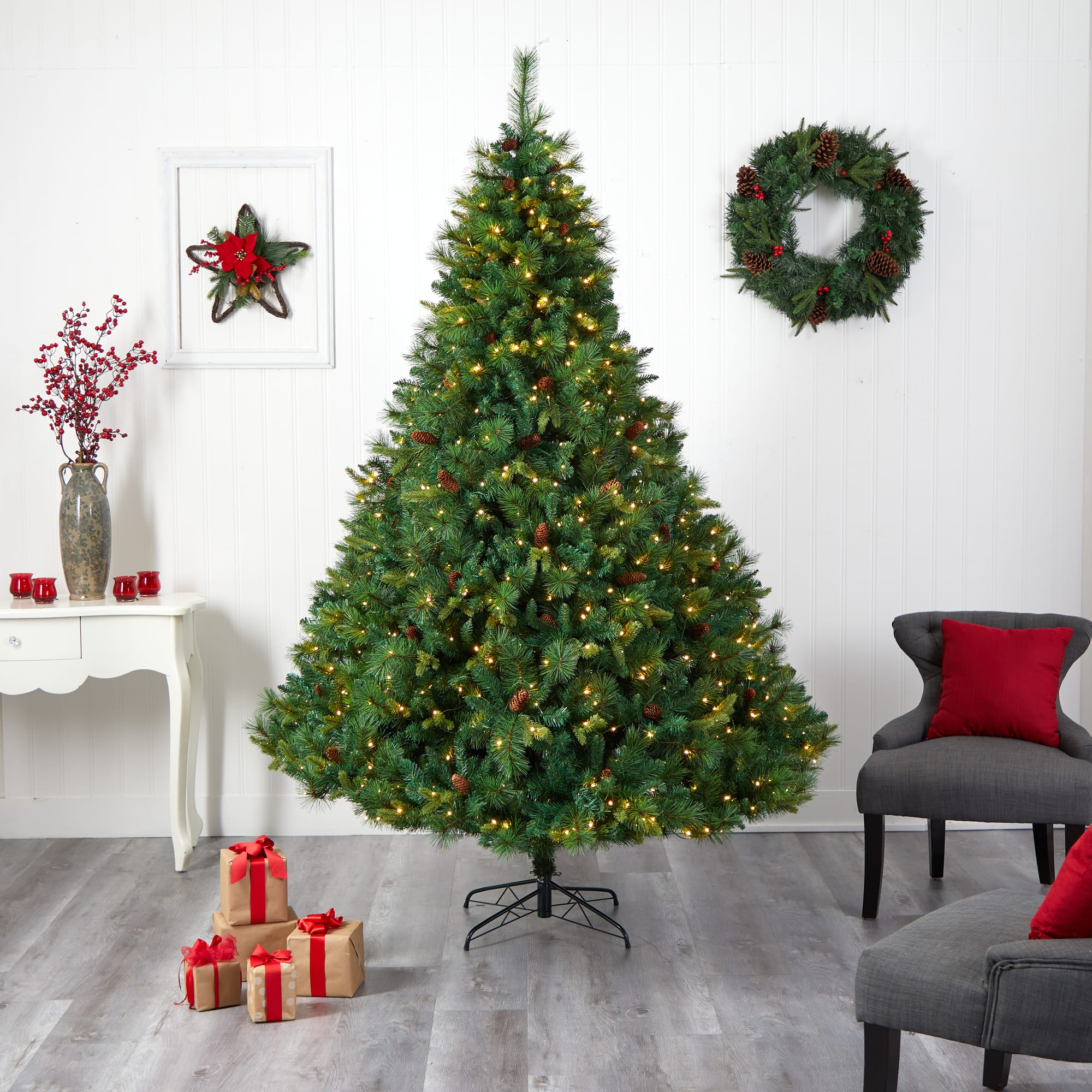8ft. Pre-Lit West Virginia Mixed Pine Artificial Christmas Tree with Pinecones, Clear LED Lights