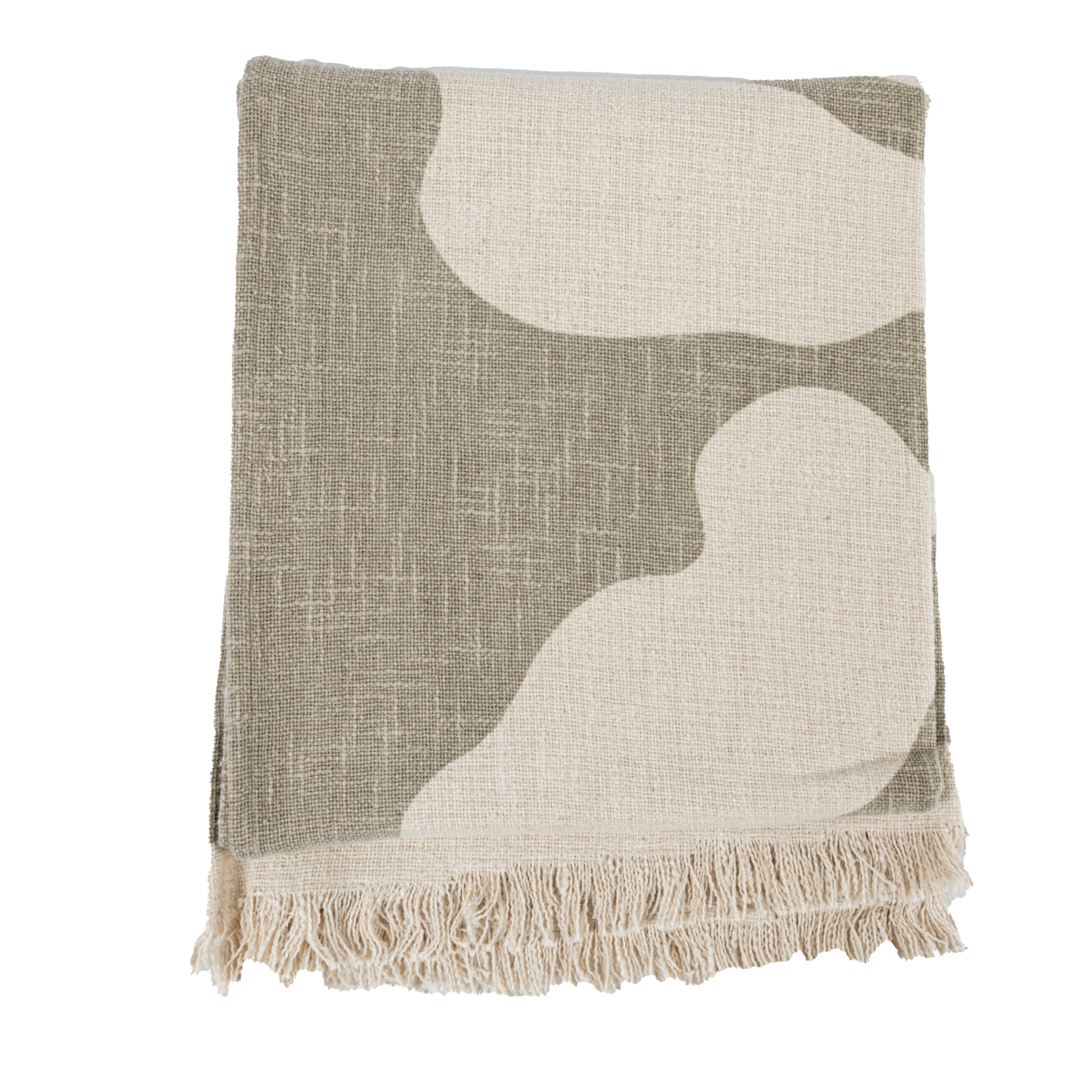 Tan Botanical Print &#x26; Fringe Cotton Slub Throw Blanket