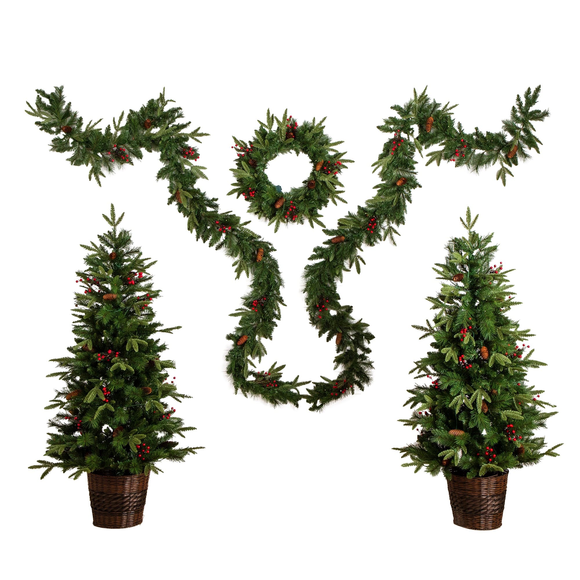 5 Piece Pre-Lit Norfolk Pine Artificial Tree, Garland and Wreath Set with Warm White LED Lights and Decorative Pots