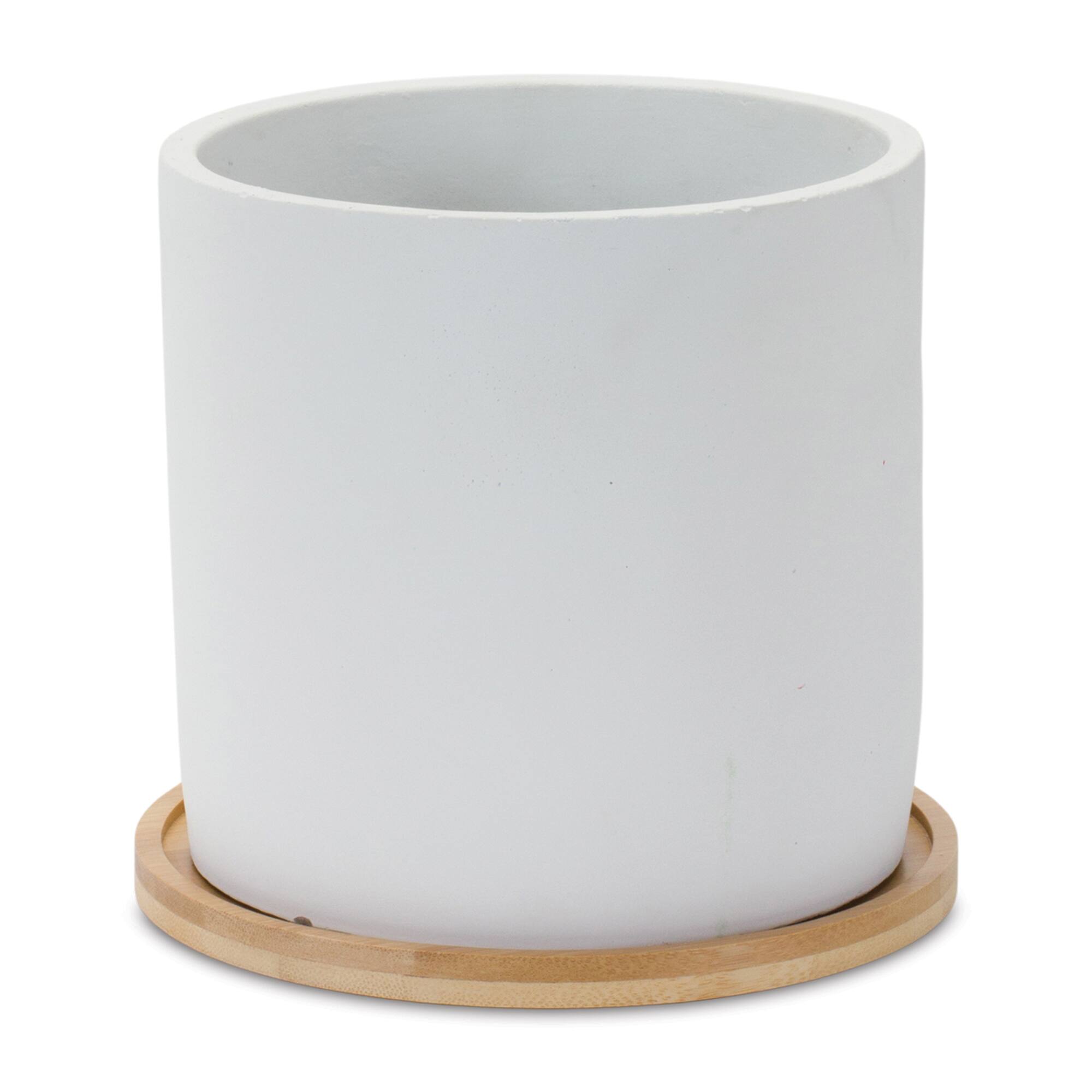 White Stone Planters with Wood Plates Set