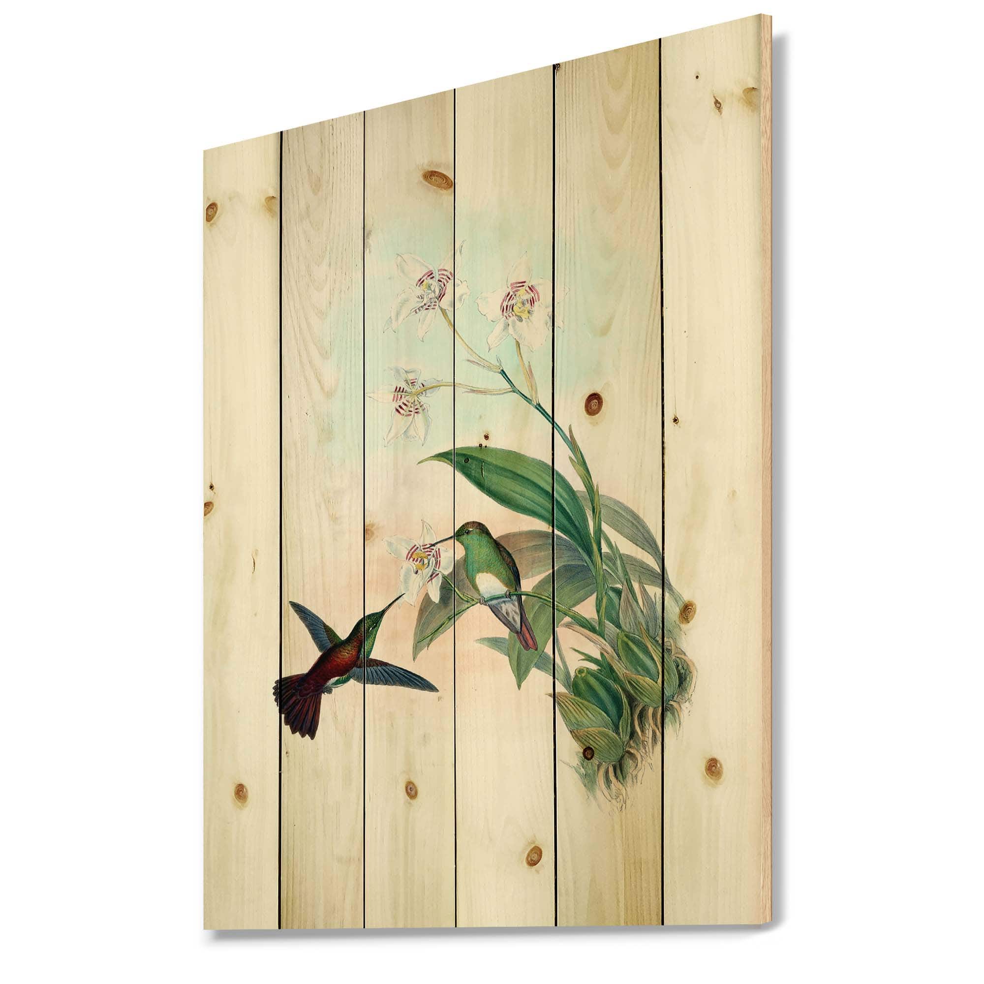 Designart - Vintage Hummingbird Flying To A Flower - Traditional Print on Natural Pine Wood