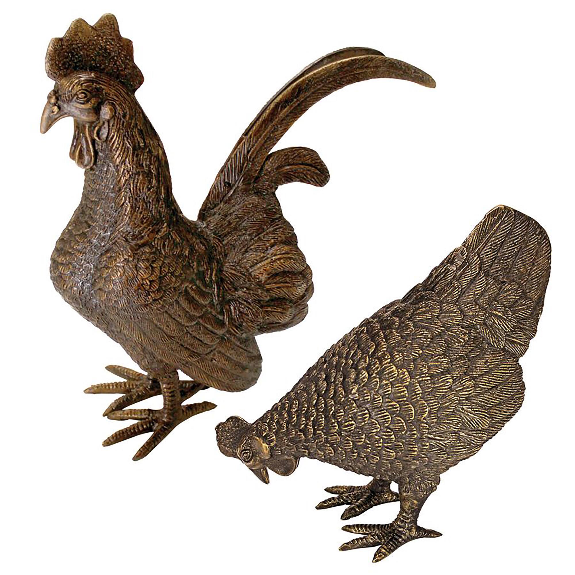 Design Toscano Barnyard Rooster &#x26; Hen Solid Cast Bronze Garden Statue Set