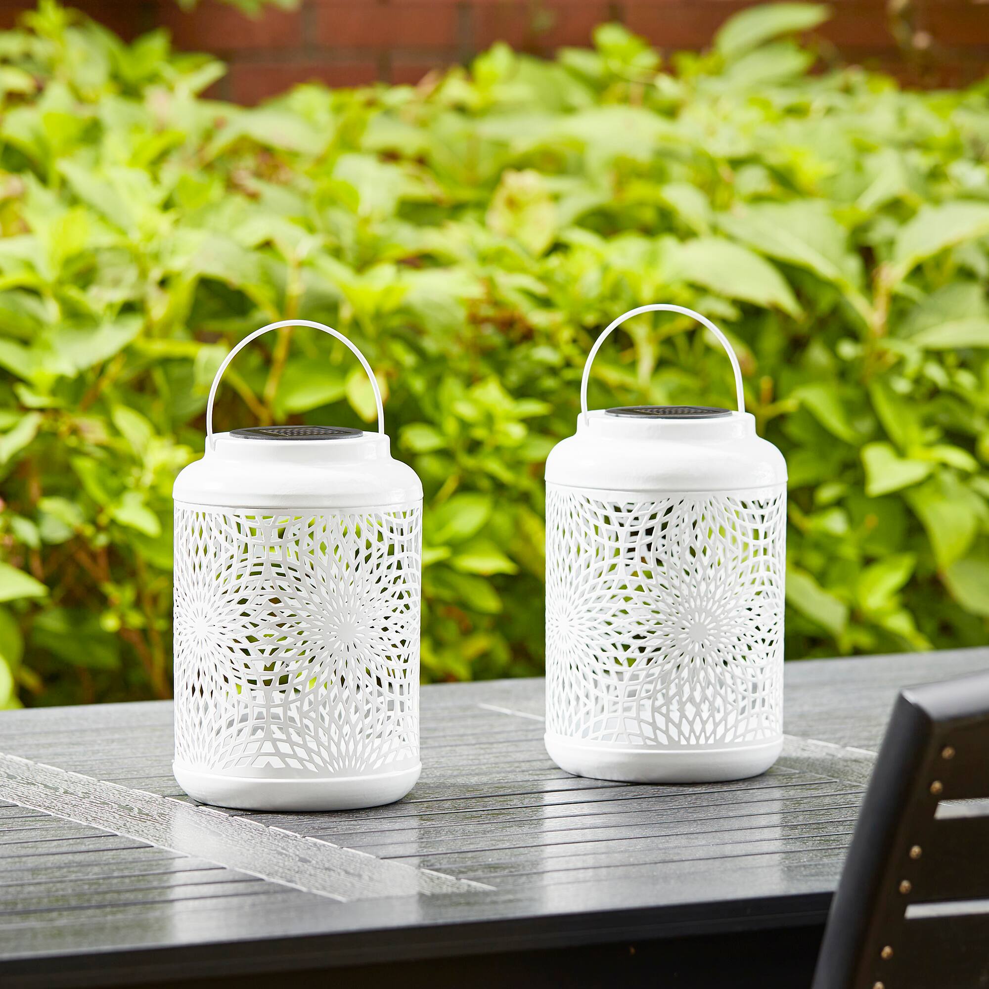 Glitzhome&#xAE; 8.75&#x22; Metal Cutout Solar Powered Hanging Lantern Set