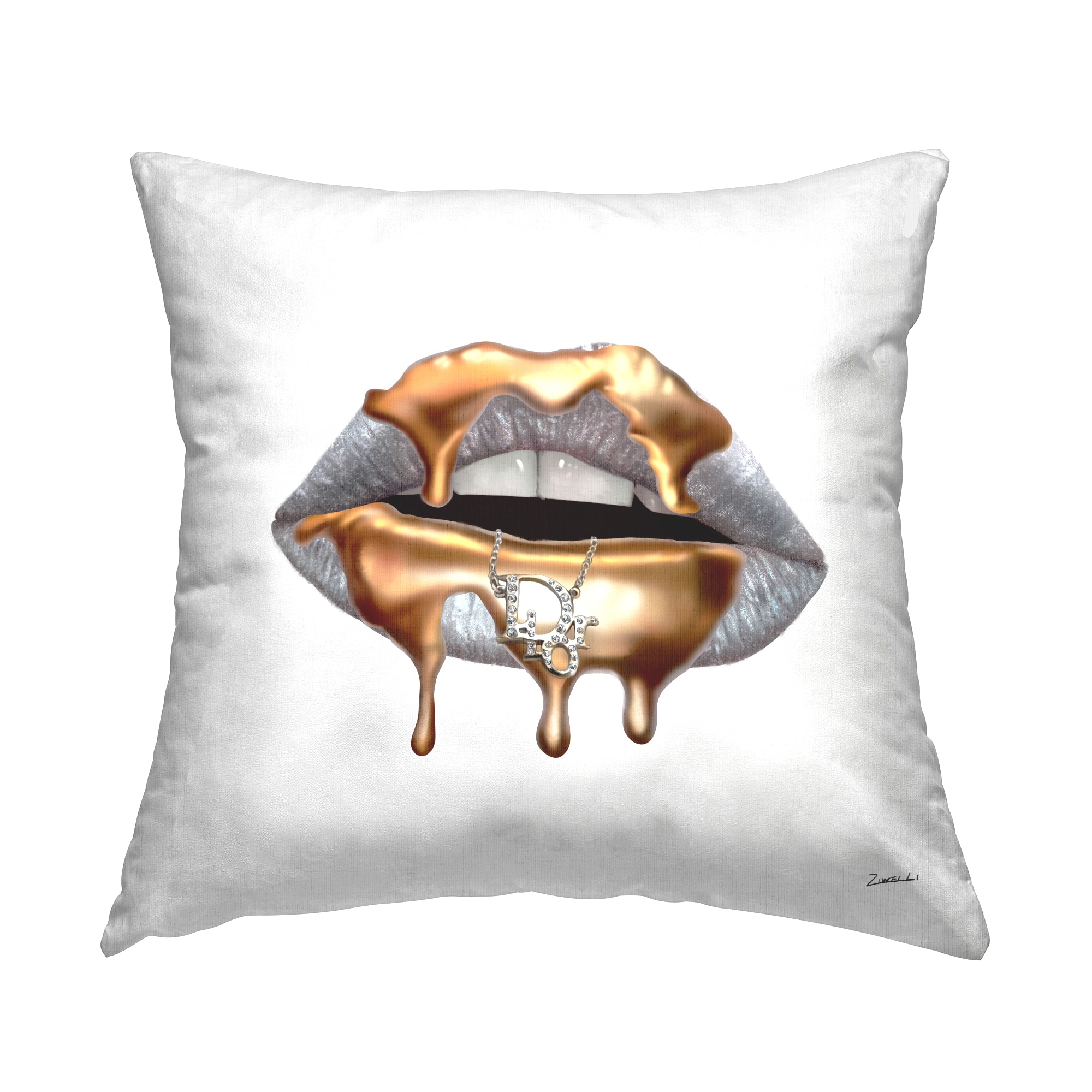 Stupell Industries Glam Silver Lip Portrait Fashion With Gold Drip Throw Pillow 18" x 18"