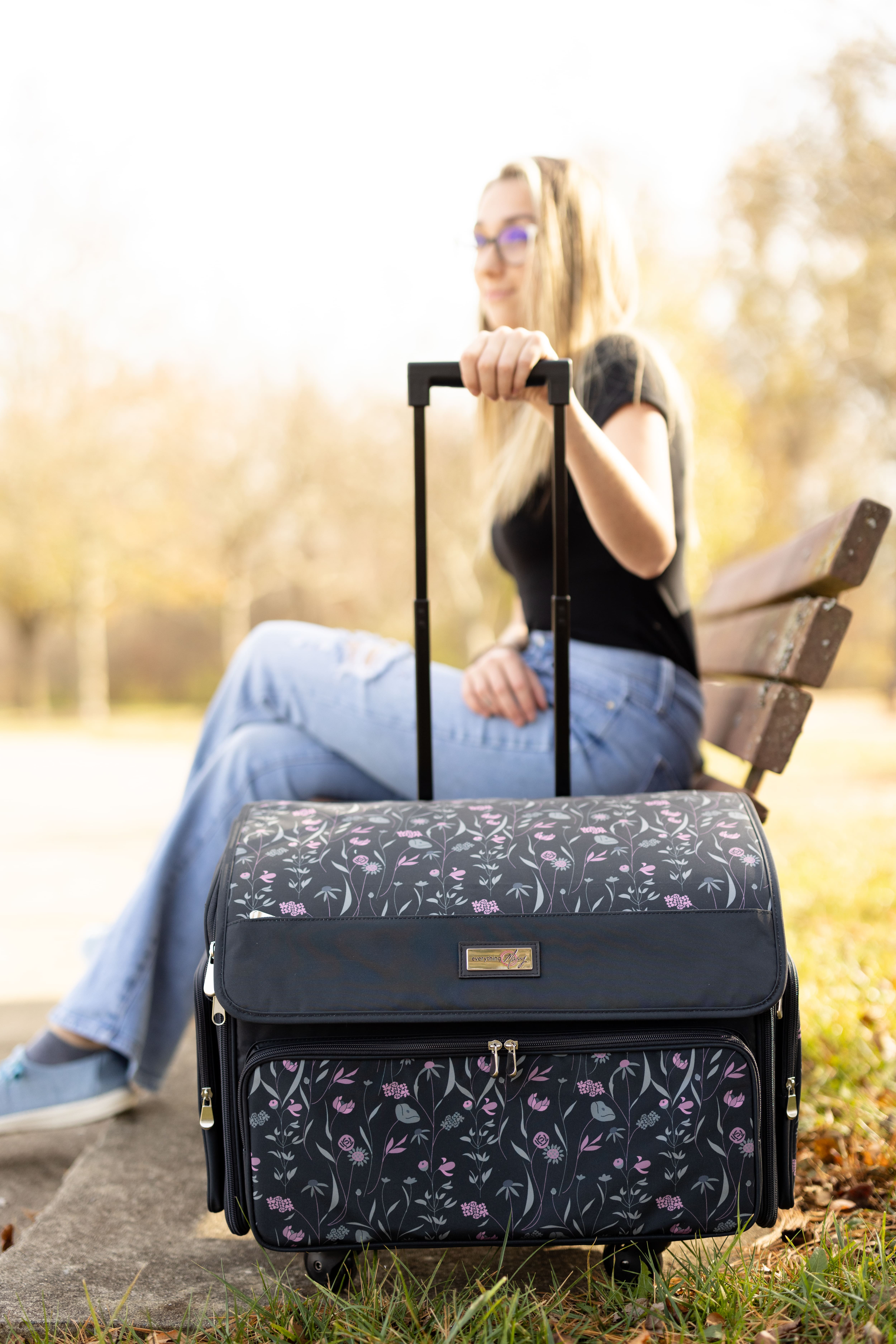 Everything Mary Pink &#x26; Gray Floral 4 Wheel Collapsible Deluxe Sewing Machine Storage Case