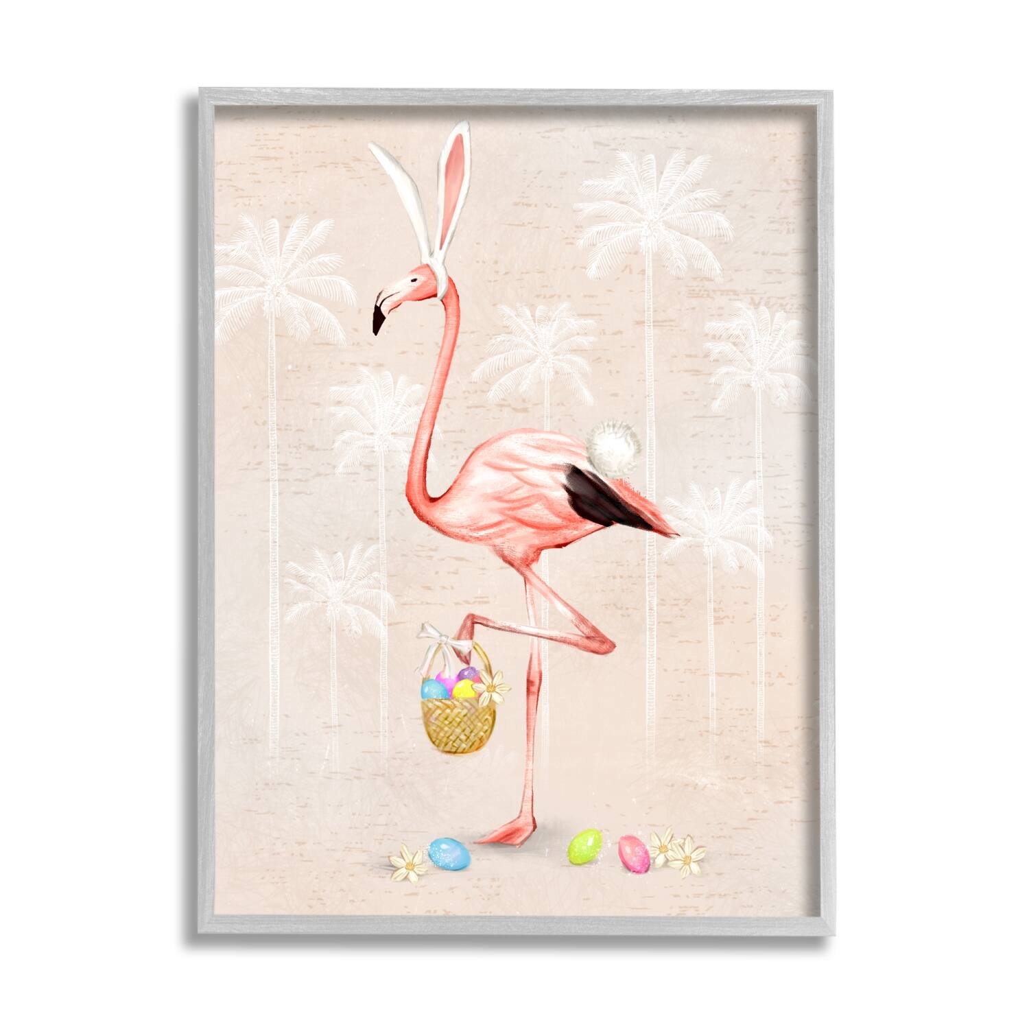 Stupell Industries Easter Flamingo Pink Bird Egg Hunt Basket Framed Giclee Art