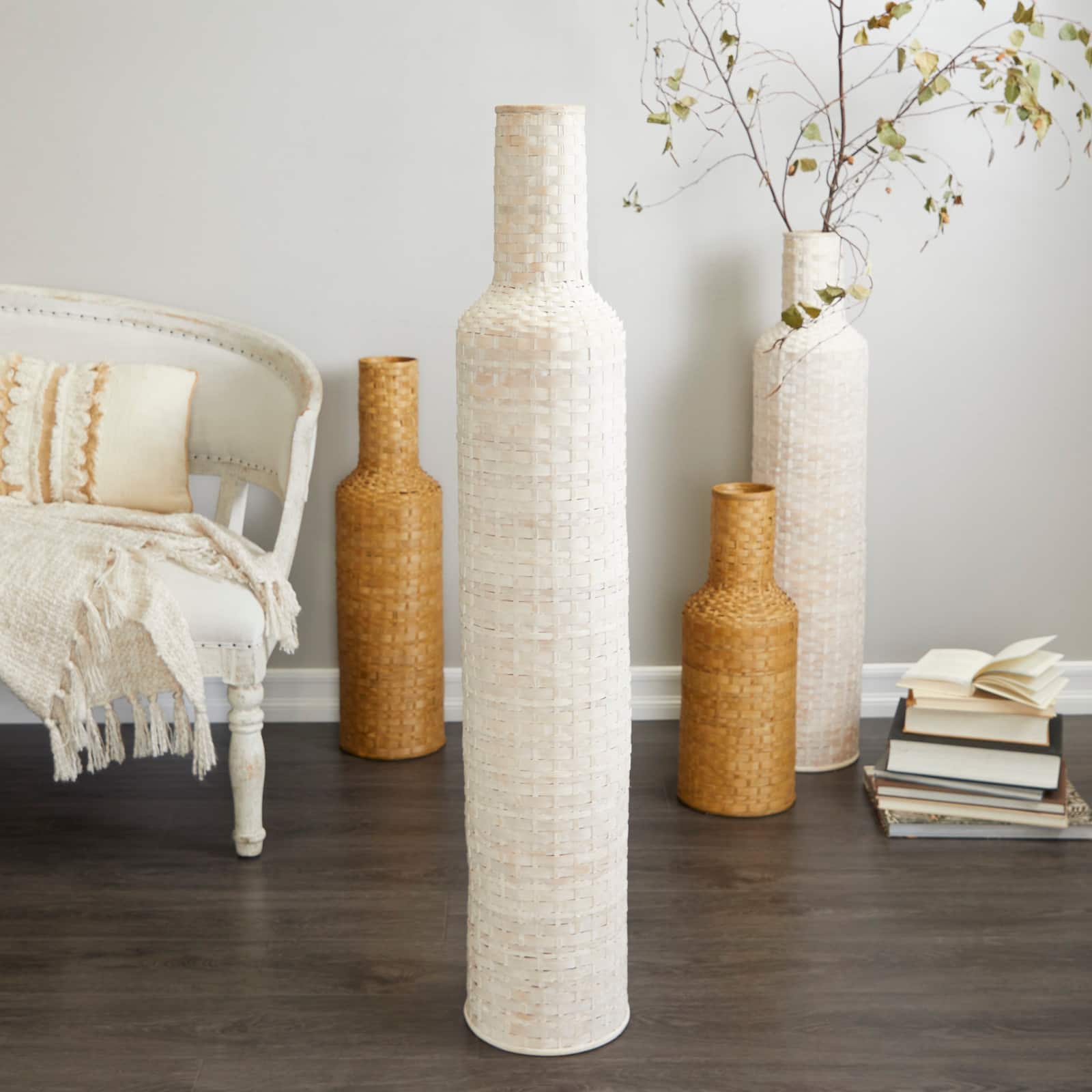 White Bamboo Tall Woven Floor Vase 9" x 9" x 48"