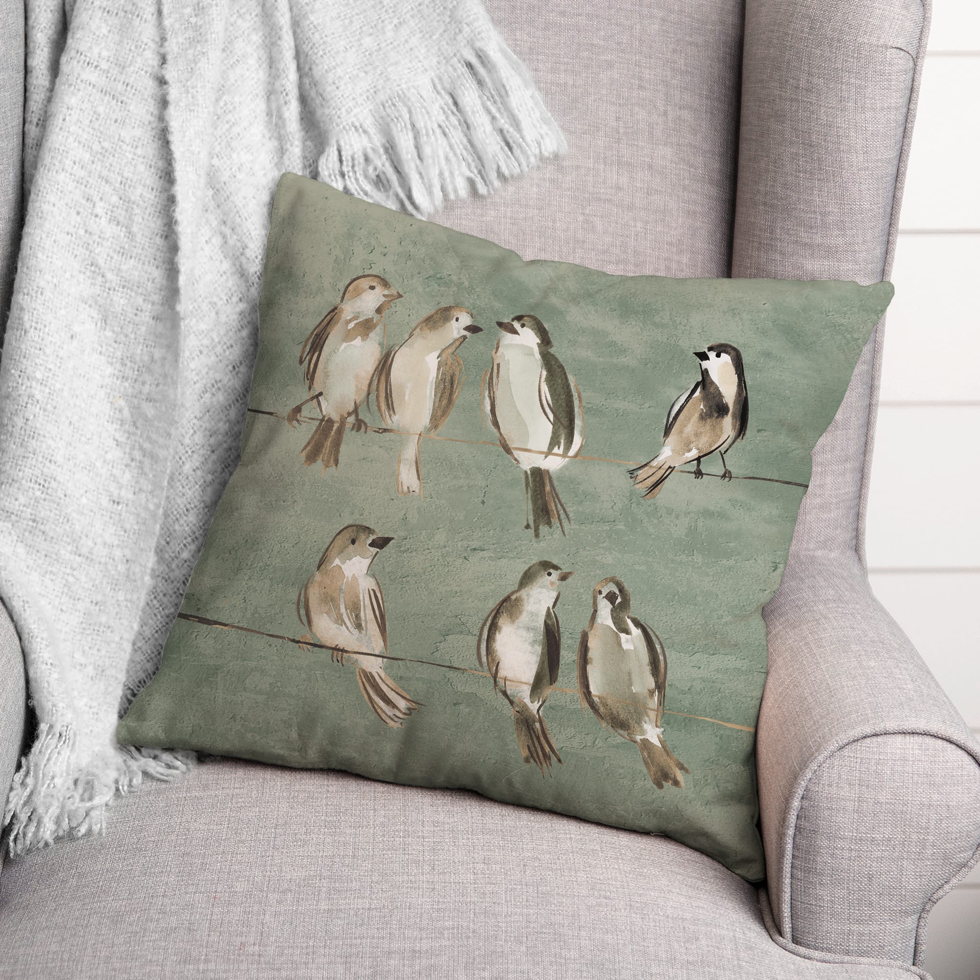 Birds On A Wire Sage 18" x 18" Indoor/Outdoor Pillow