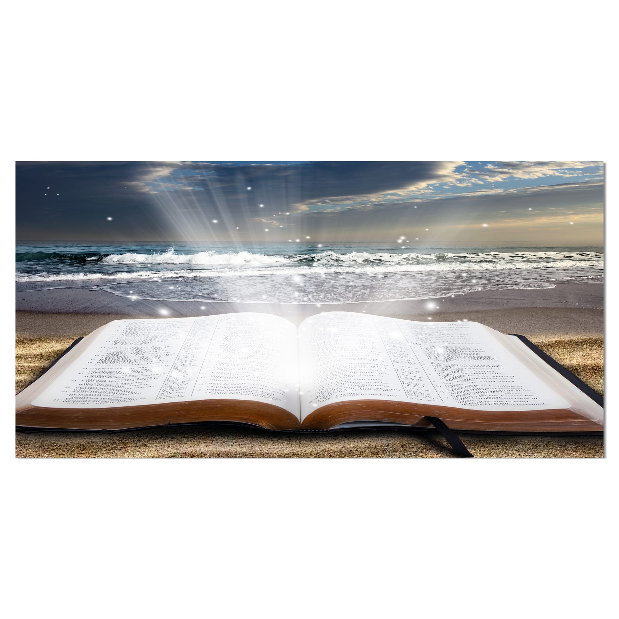 Designart - Jesus Bible at beach - Religious Art on Wrapped Canvas