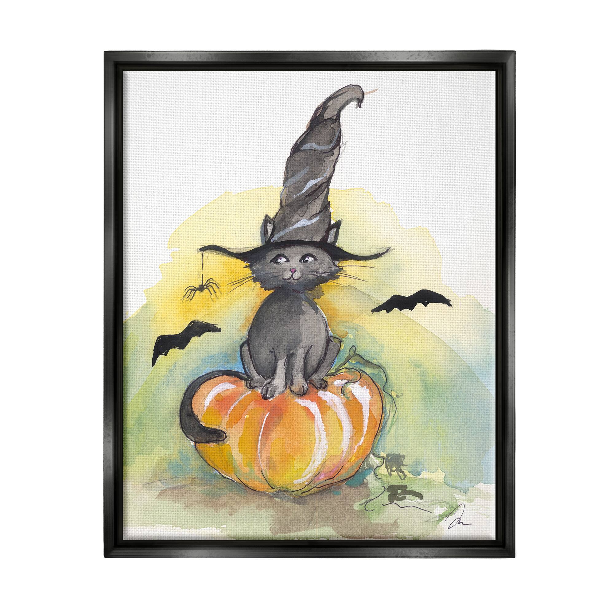 Stupell Industries Witch Cat on Pumpkin Framed Floater Canvas Wall Art