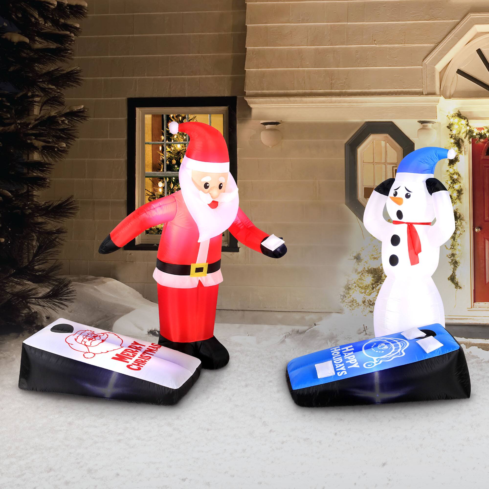 5ft. Inflatable Christmas Light Up Santa &#x26; Snowman Playing Corn Hole