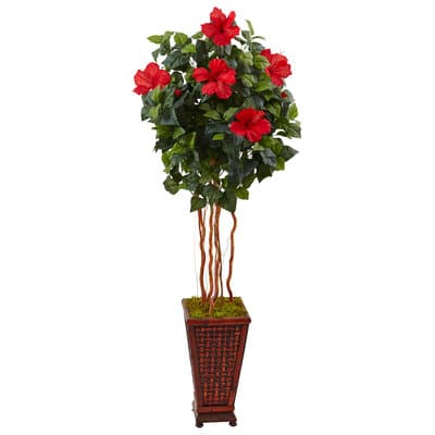 5ft. Red Hibiscus Tree in Decorative Wooden Planter | Michaels